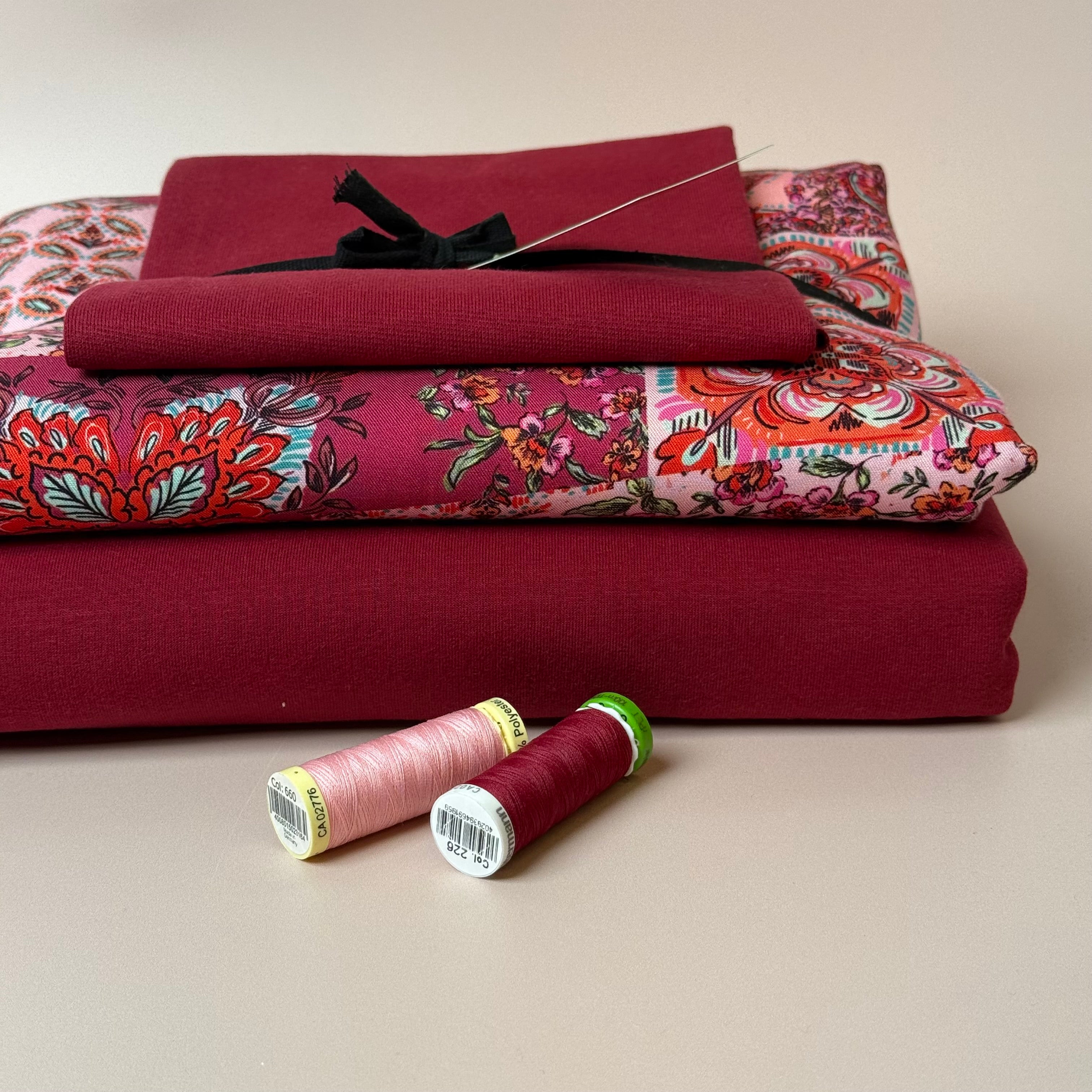 Make an Outfit Colour Bundle - Vintage Patchwork Viscose Twill in Berry & Sweatshirting with ribbing