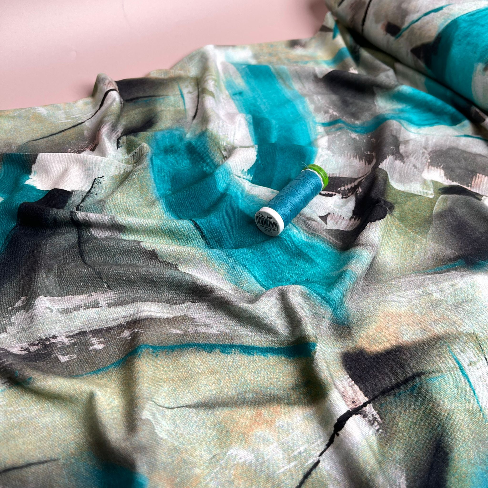 Abstract Painting in Turquoise and Olive Viscose Jersey Fabric