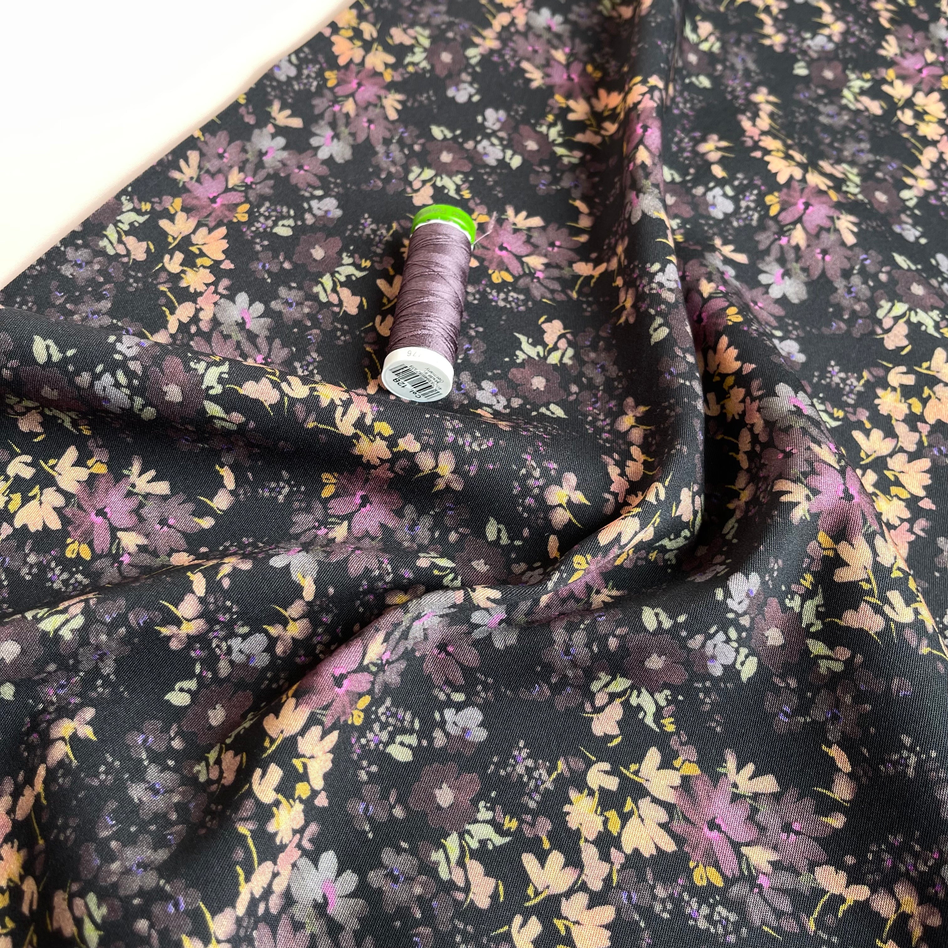 Rosella Watercolour Flowers on Black Stretch Viscose Twill Fabric