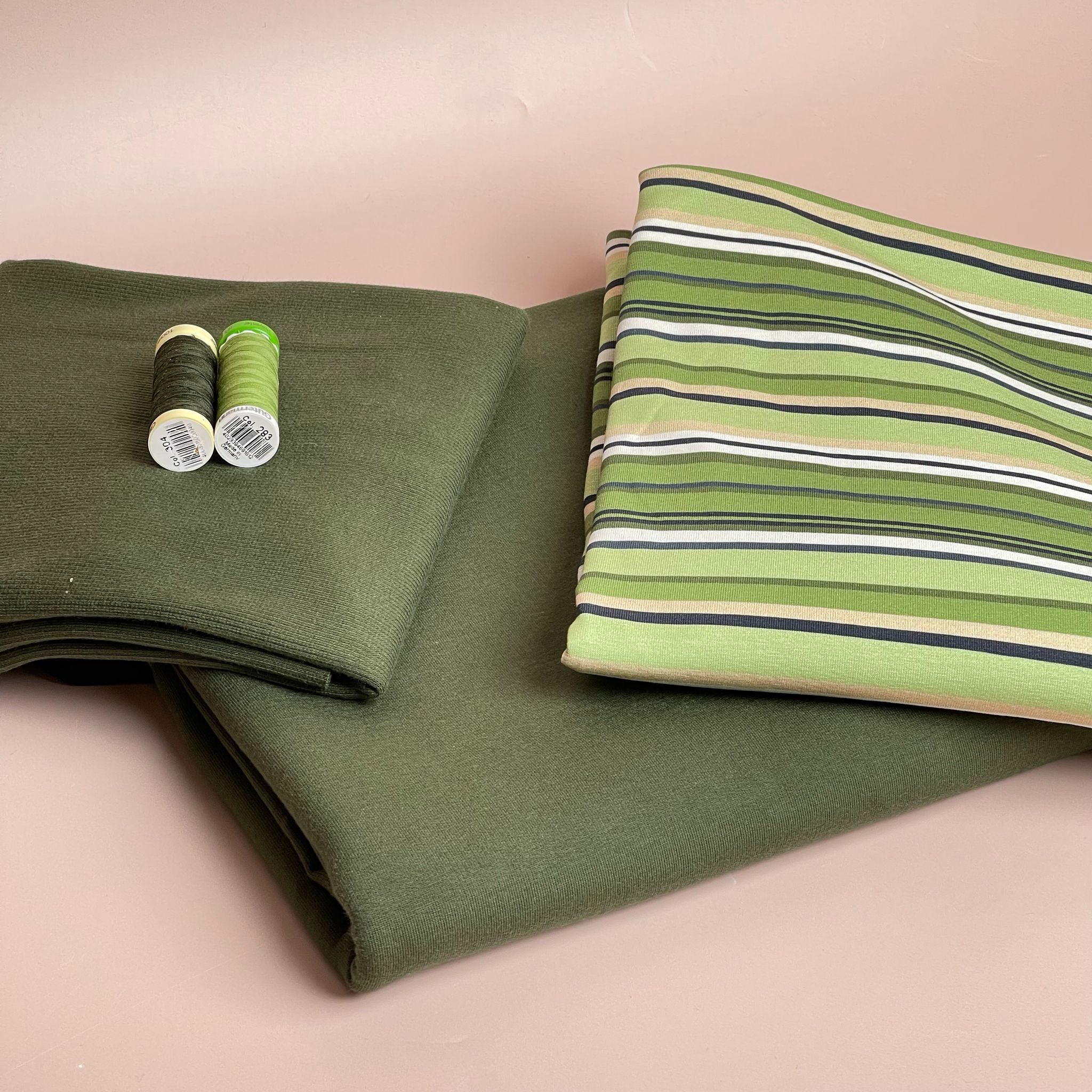 Make an Outfit Colour Bundle - Meadow Green Stripes Cotton Jersey with French Terry & Ribbing