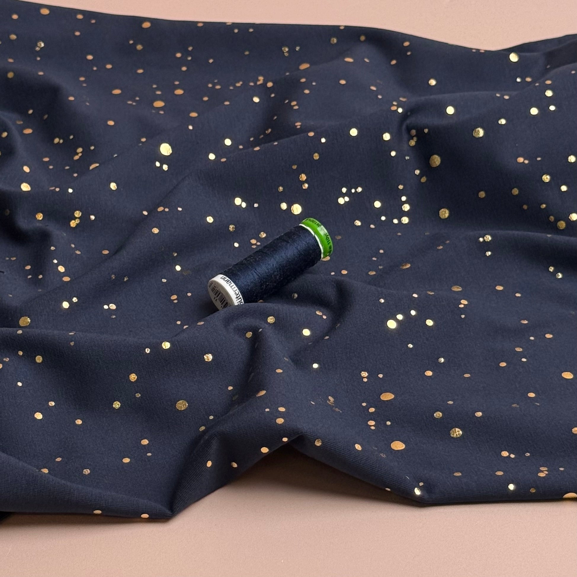 Gold Confetti on Navy Cotton Jersey Fabric