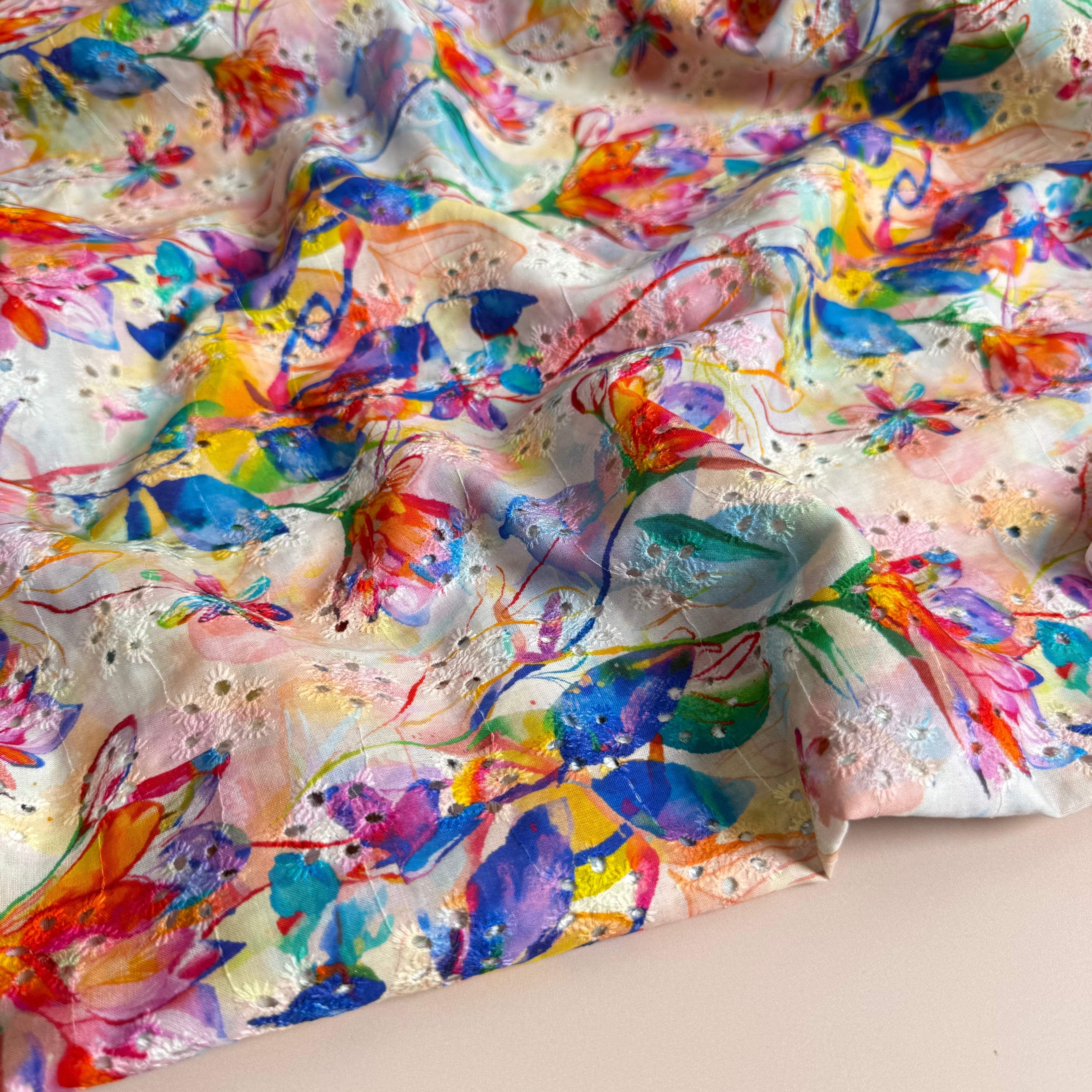 Rainbow Flowers on Embroidered Cotton Voile Fabric