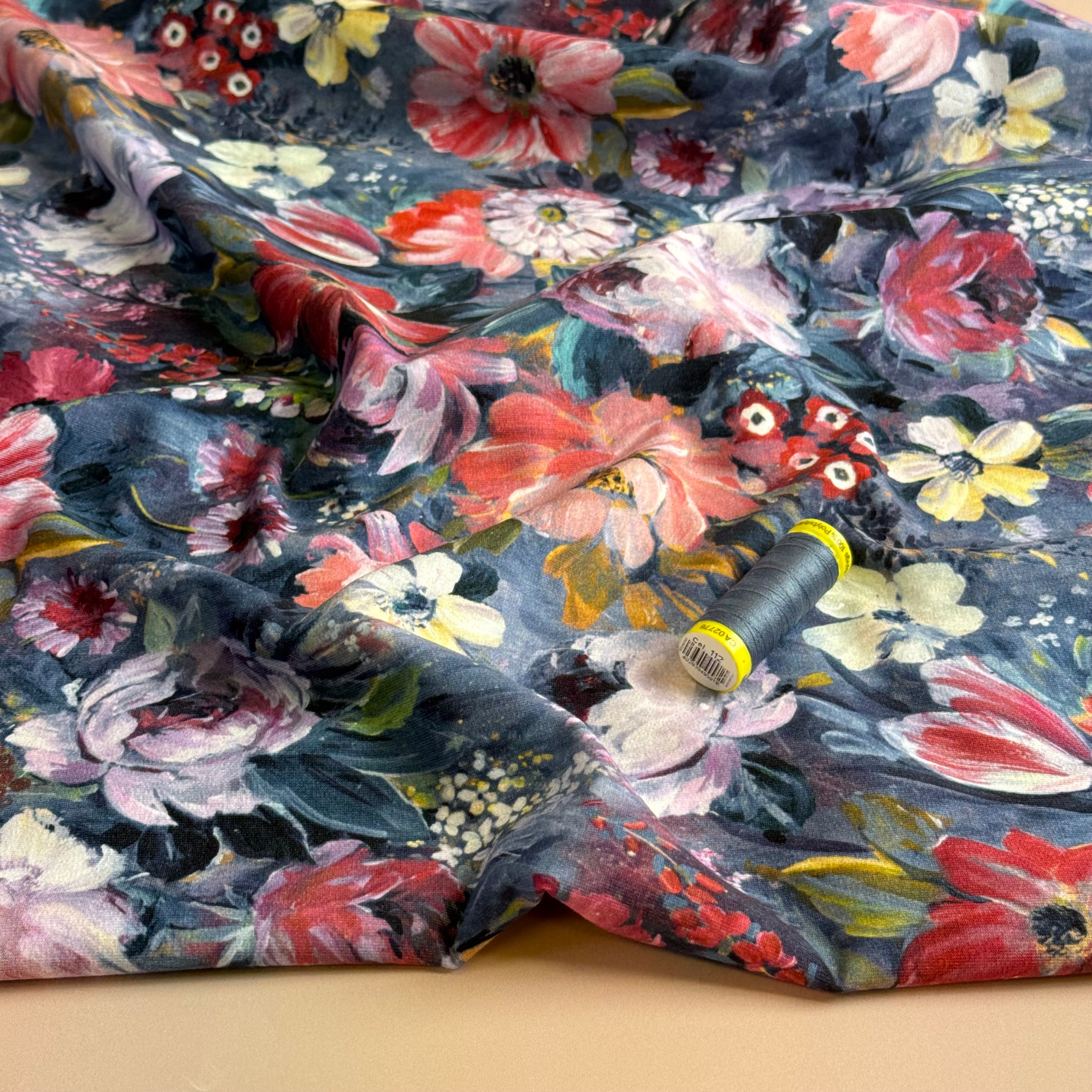 Autumn Bouquet Blue Cotton Sweat-shirting Fabric