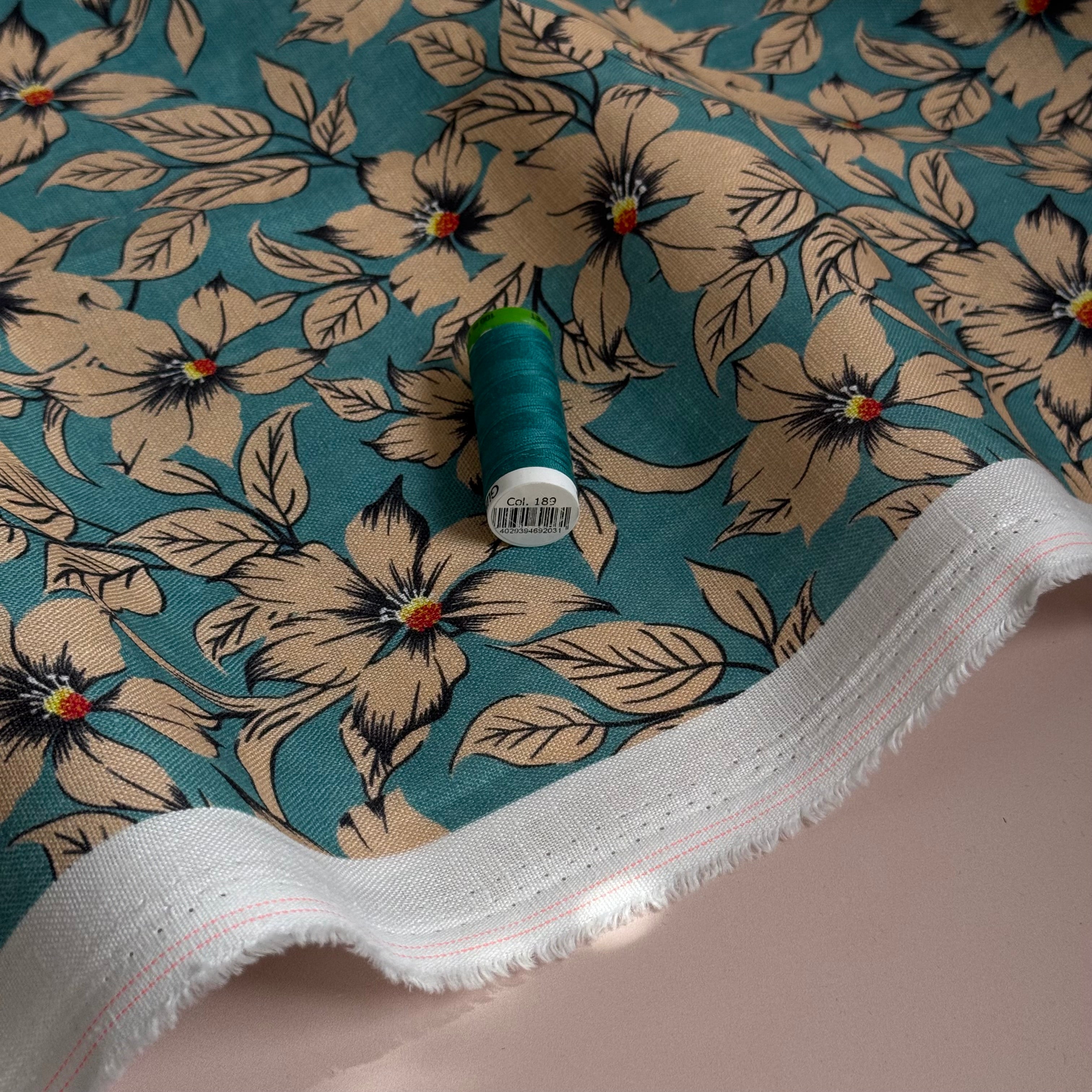 Neutral Blooms on Teal Pure Linen Fabric