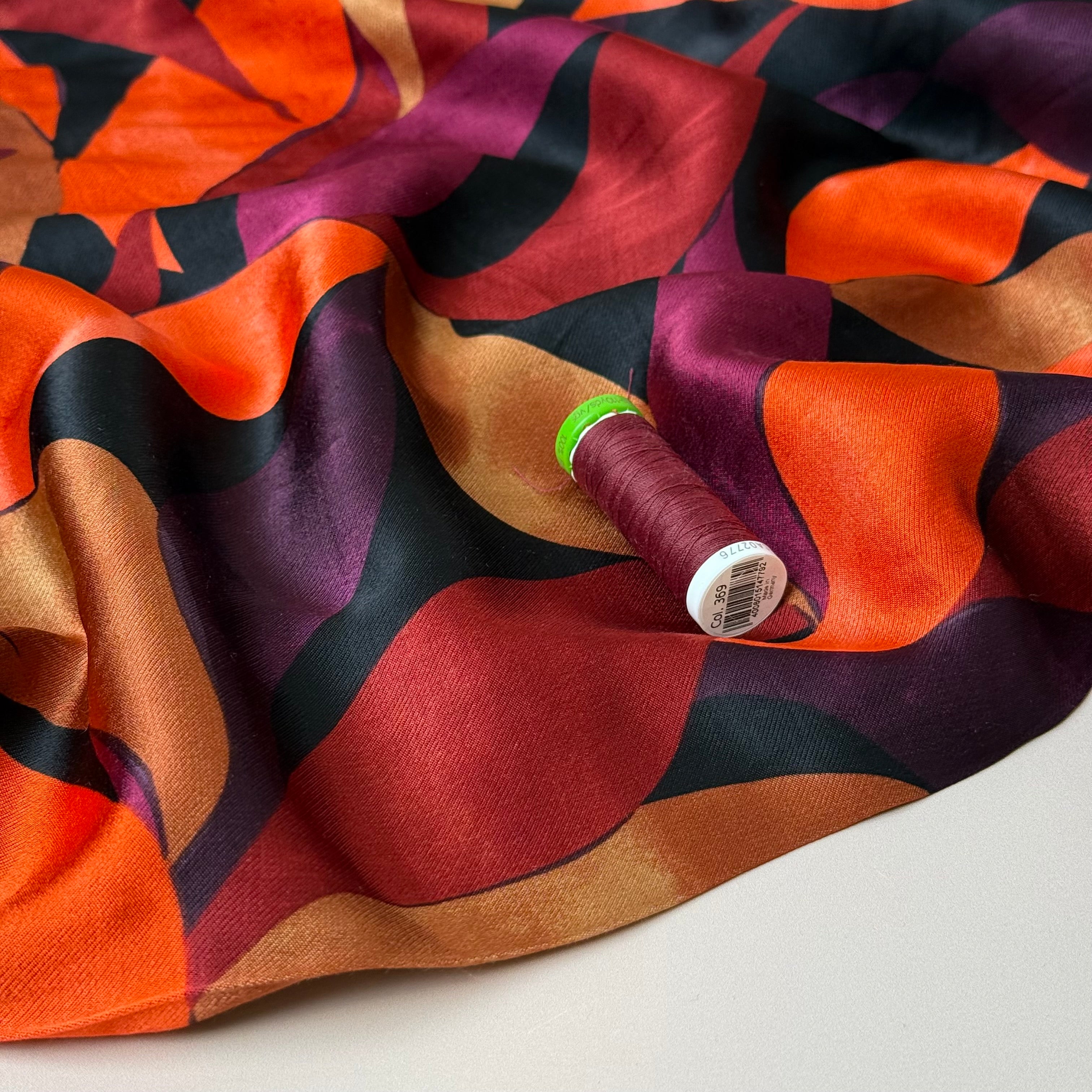 Leaves Dark Red Royal Spun Viscose Sateen Fabric