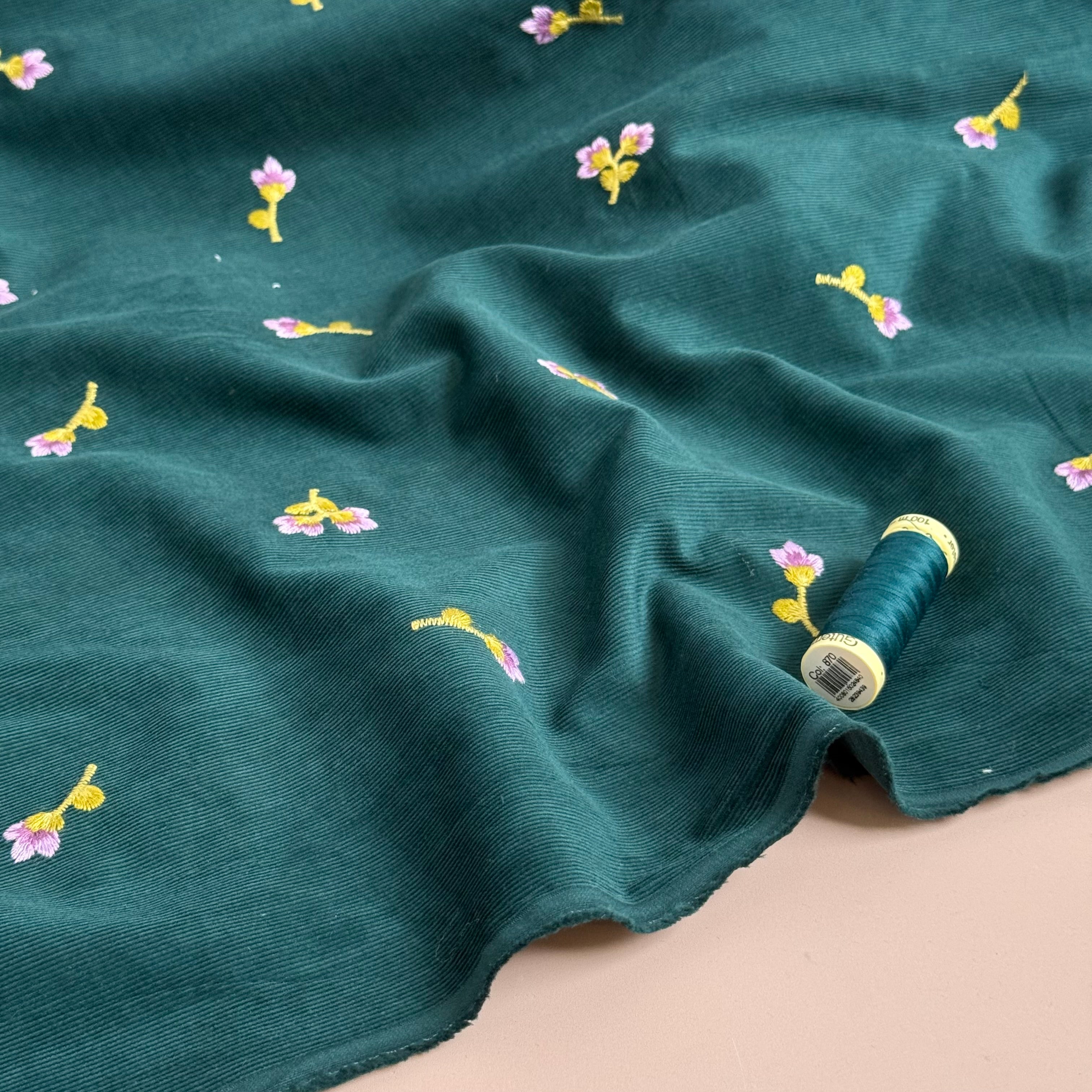 Embroidered Flowers on Teal Cotton Needlecord