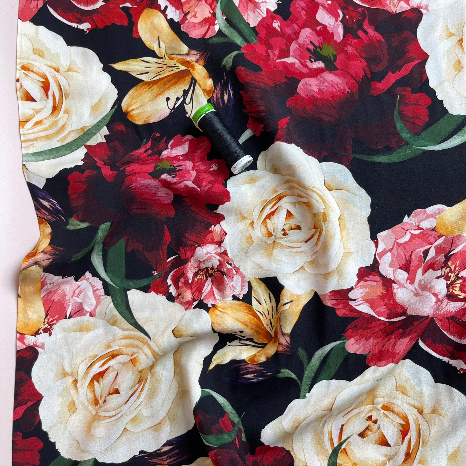 REMNANT 0.69 Metre - Romance Flowers on Black Viscose Fabric