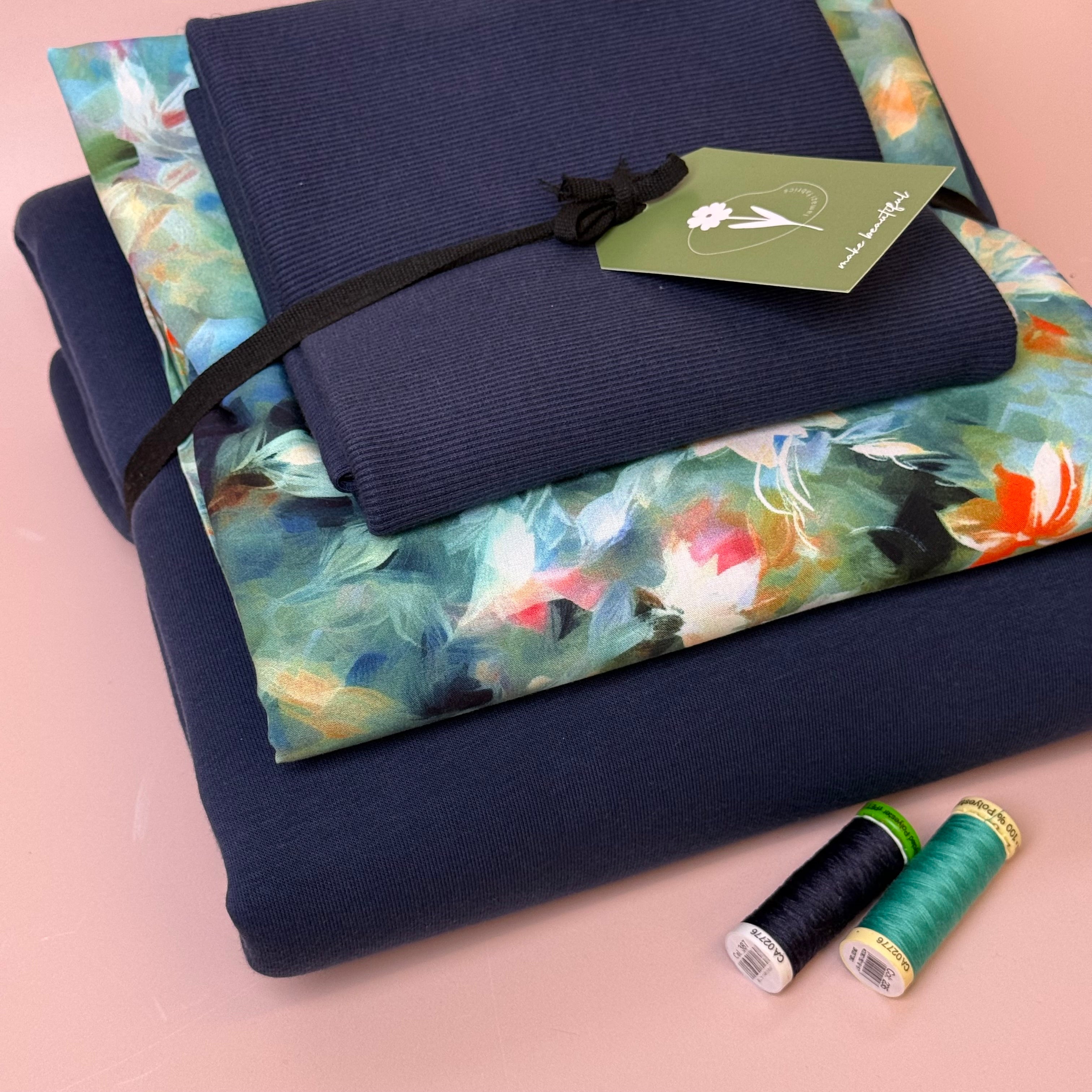 Make an Outfit Colour Bundle - Watercolour Florals Viscose & Sweatshirting in Navy with Ribbing