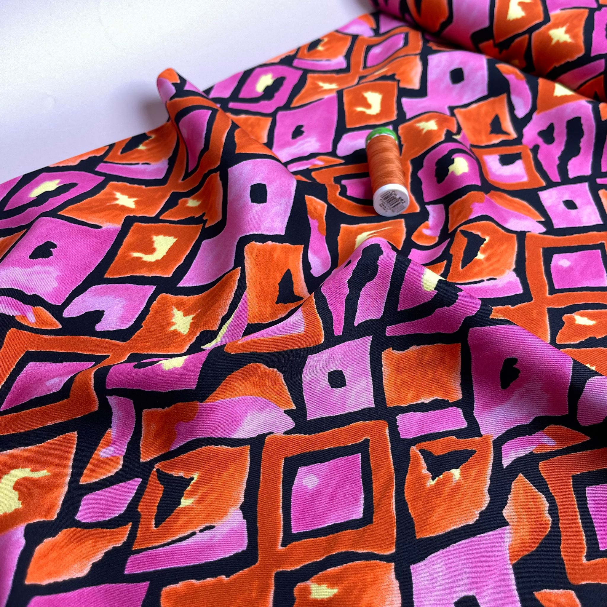 Painted Fuchsia Diamonds Viscose Sateen Fabric