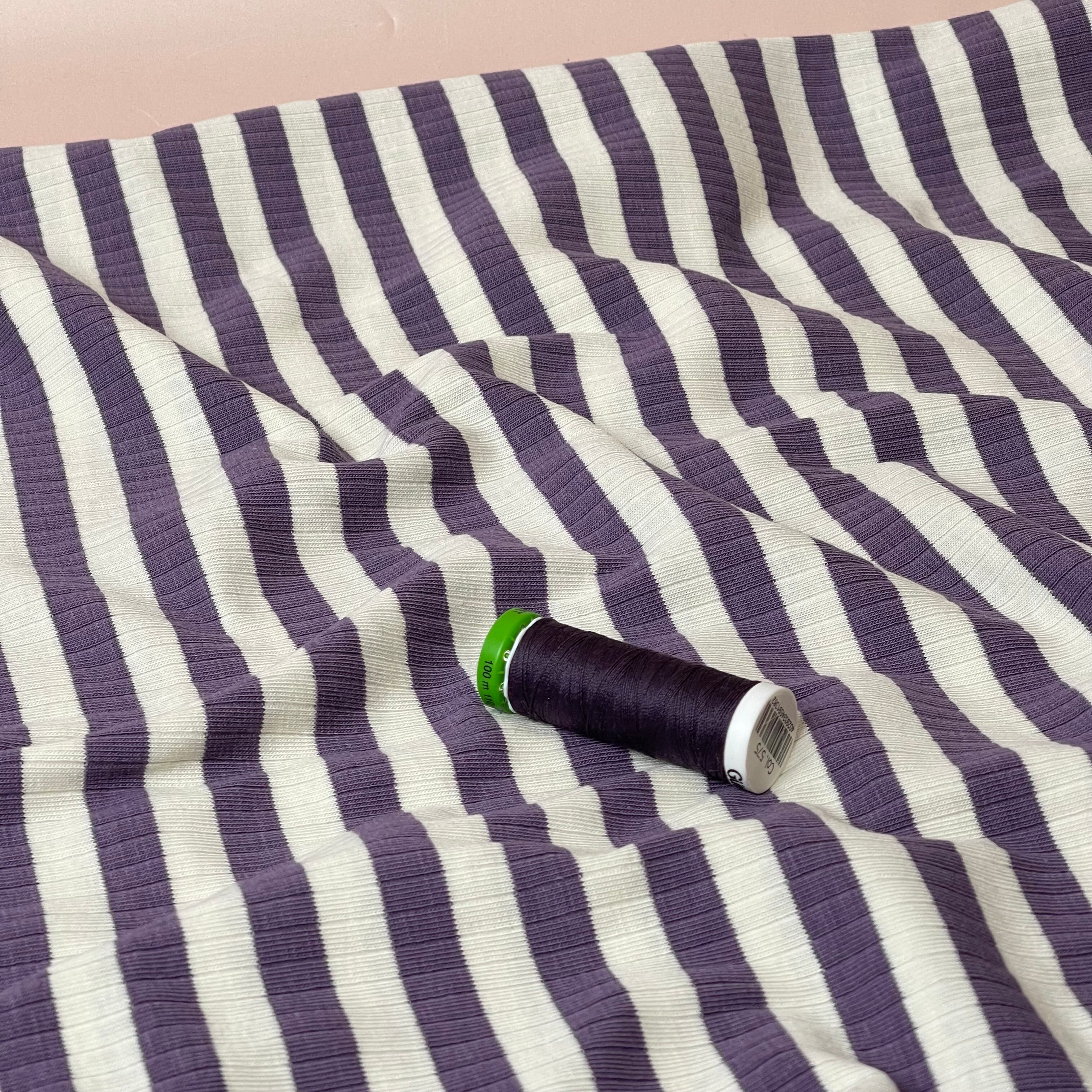 Yarn Dyed Striped Cotton Ribbed Jersey in Lavender and White