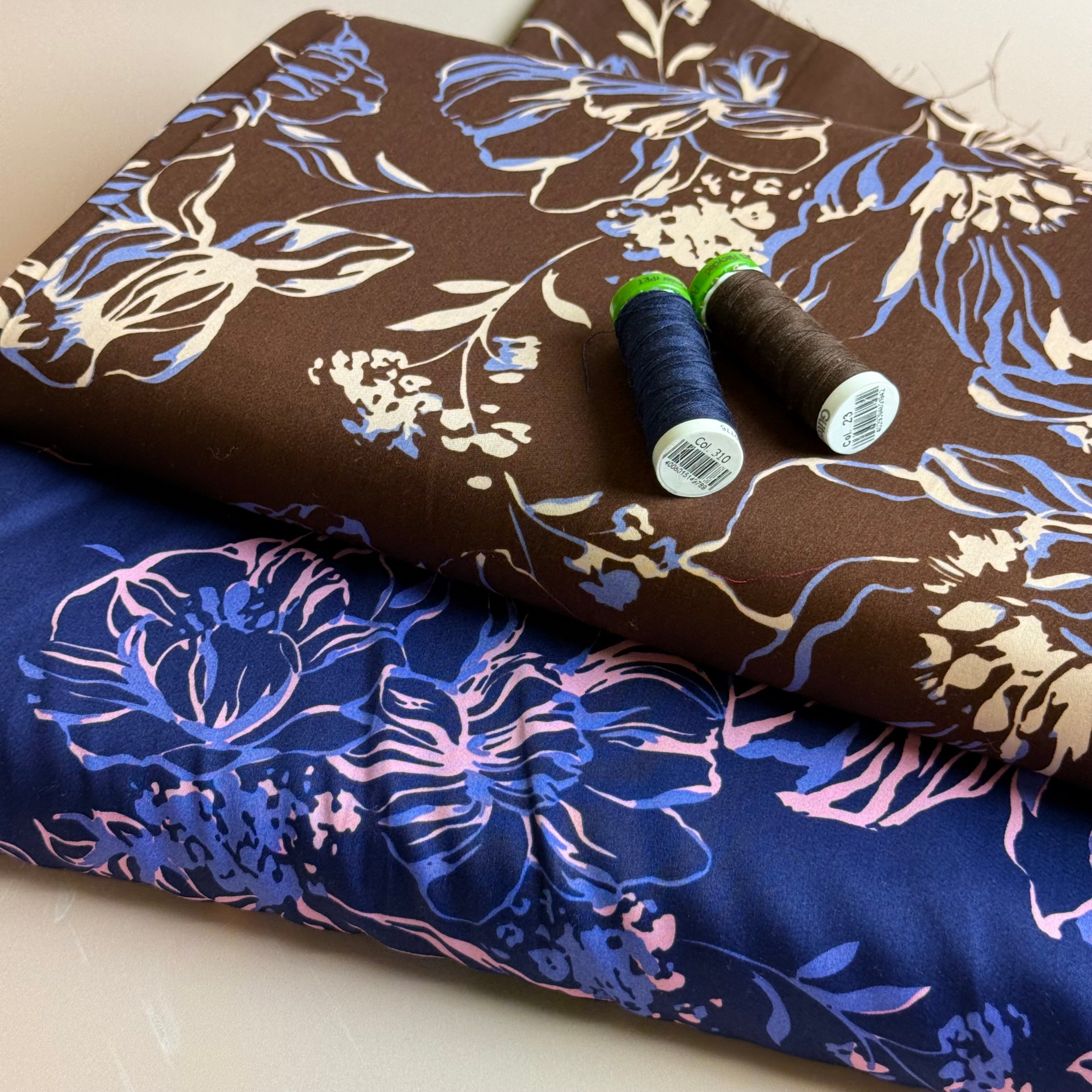 Line Flowers on Navy Cotton Sateen Fabric