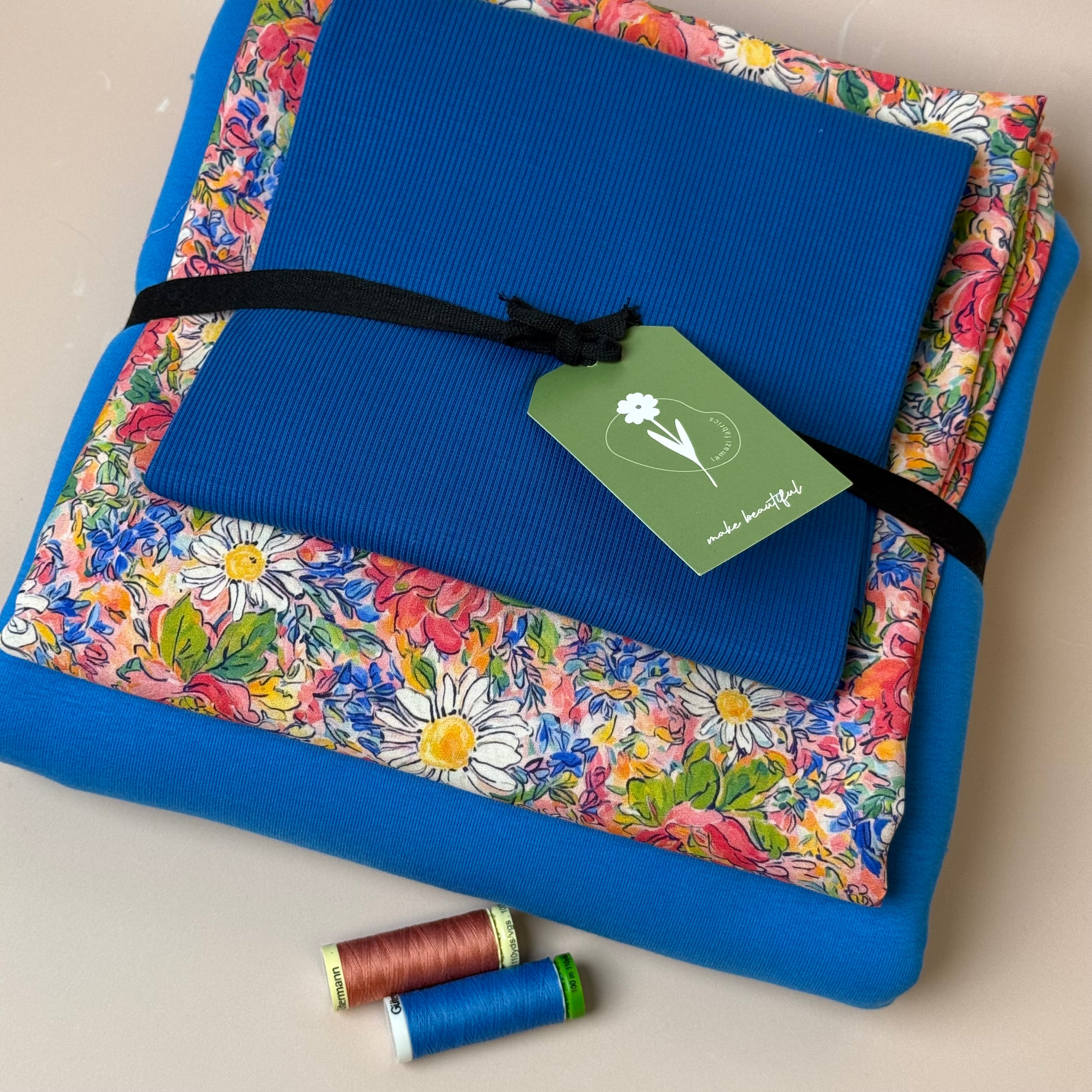 Make an Outfit Colour Bundle - Daisies Viscose & Sweatshirting in Bright Blue with Ribbing