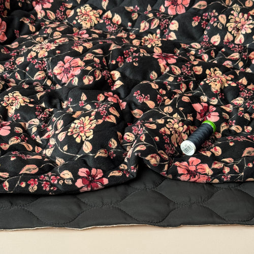 Autumn Flowers on Black Quilted Velvet Fabric