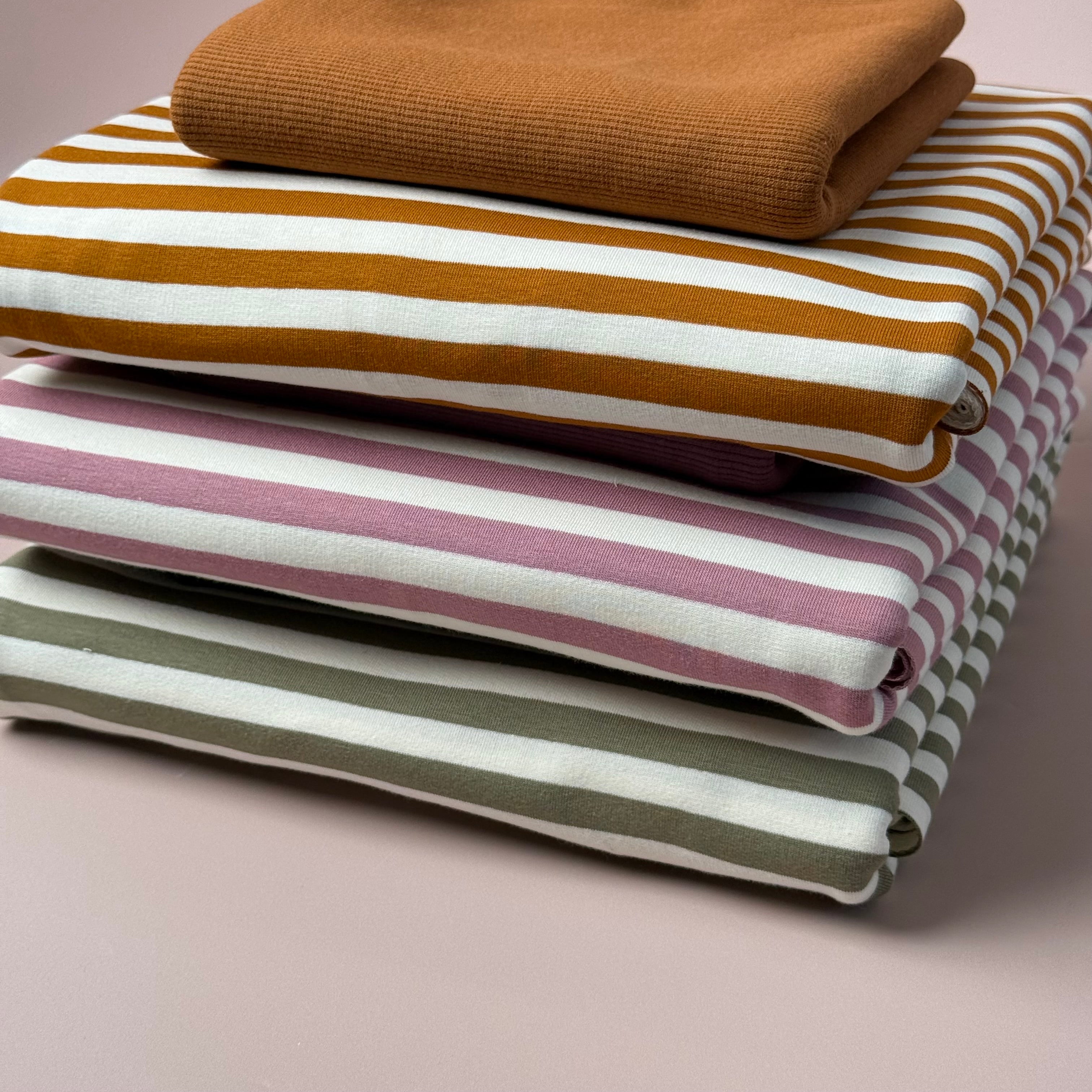 Colour Bundles - Tea Green Stripe Cotton French Terry & Ribbing