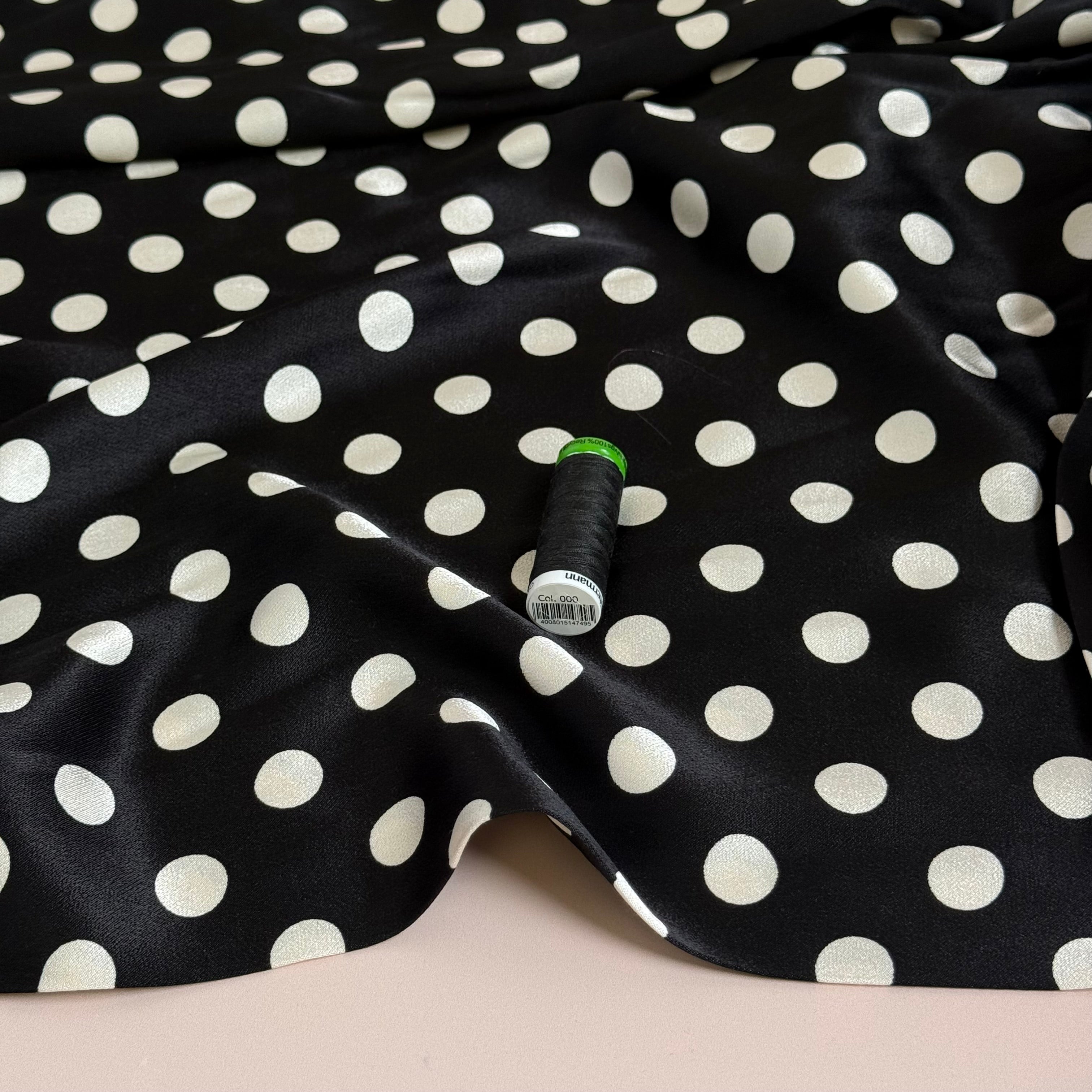 Polka White on Black Spun Viscose Sateen Fabric