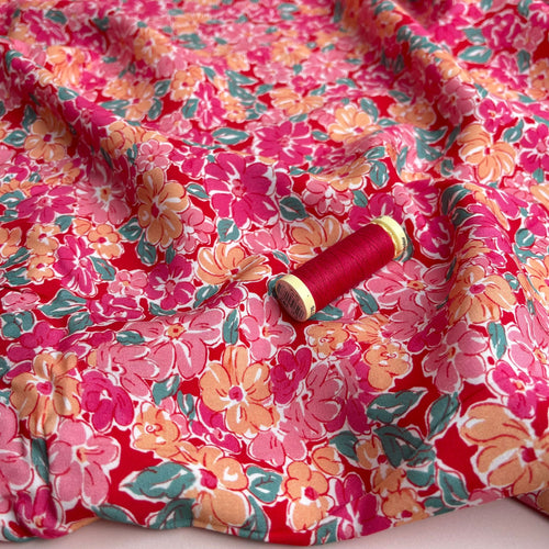 Meadow Flowers in Pink and Peach Viscose Fabric