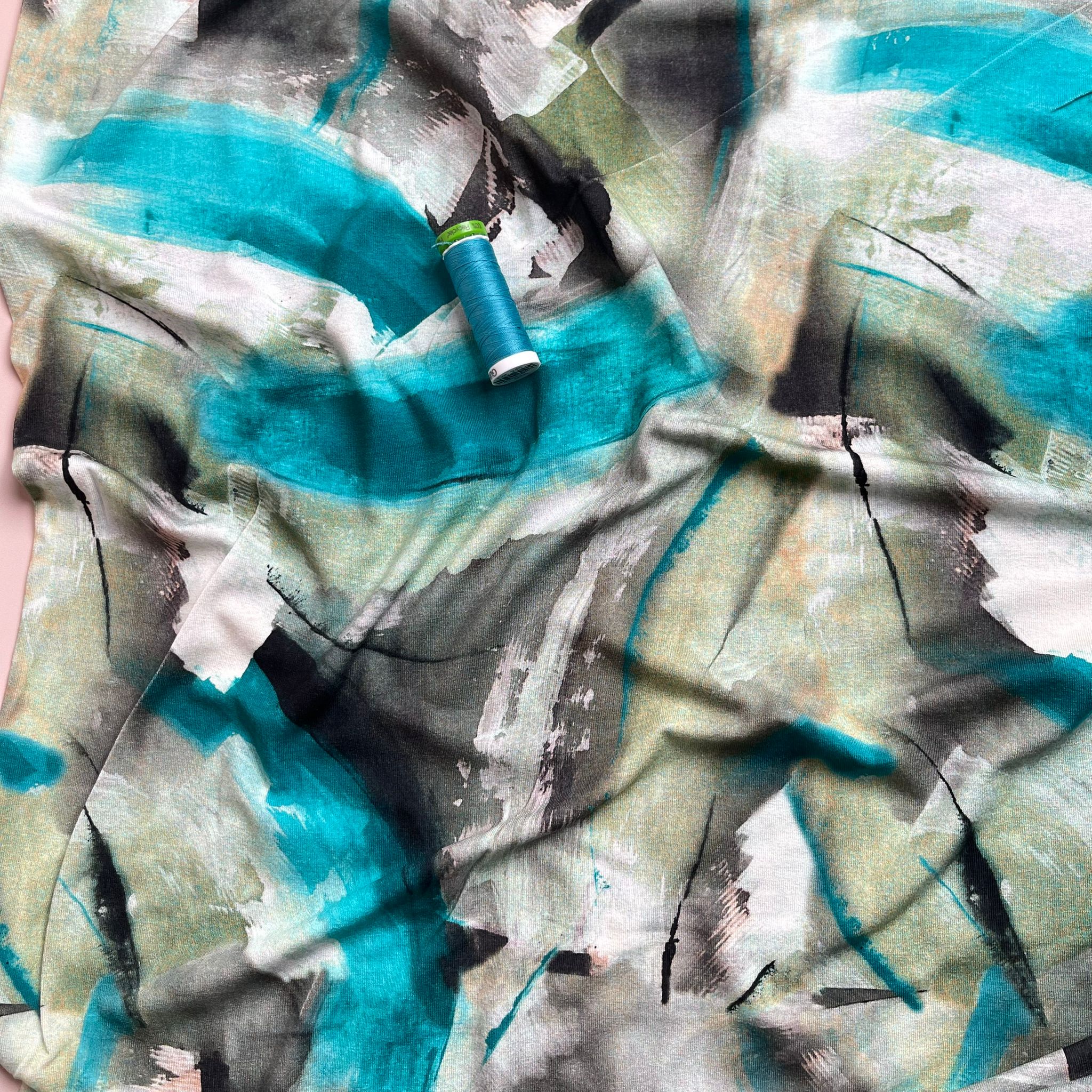 Abstract Painting in Turquoise and Olive Viscose Jersey Fabric