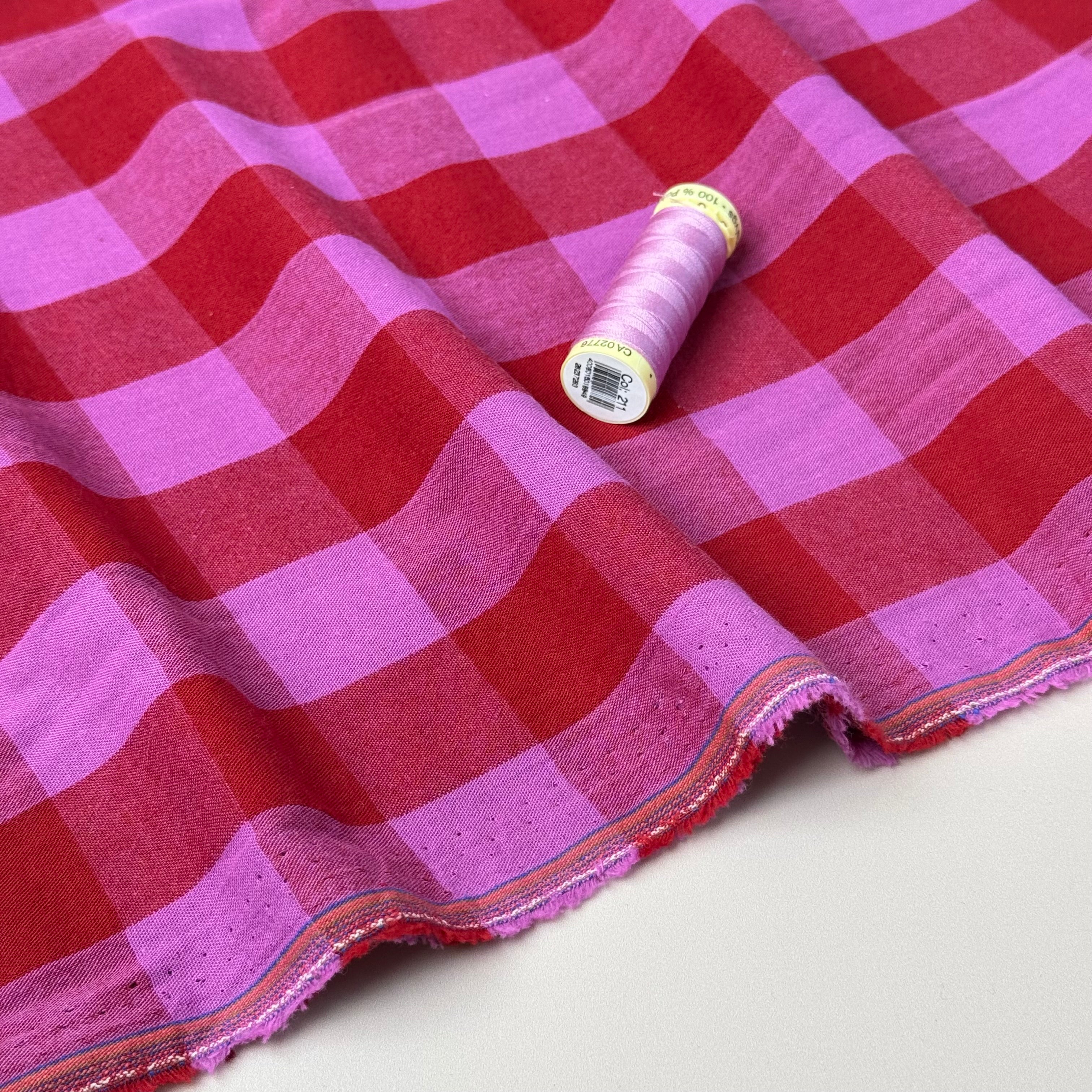 Yarn Dyed Washed Cotton Check Fabric in Red and Fuchsia