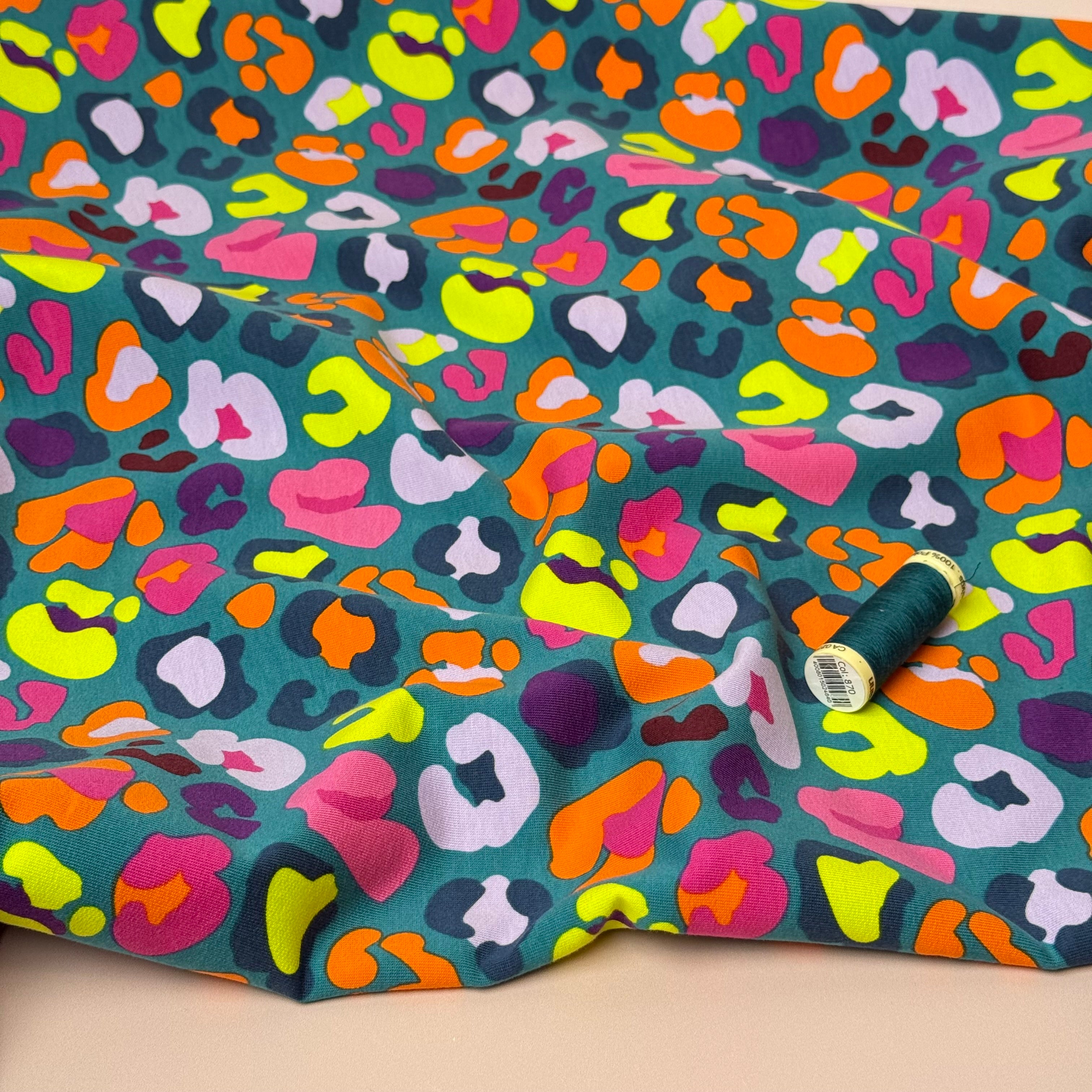 Rainbow Leopard on Teal Cotton French Terry