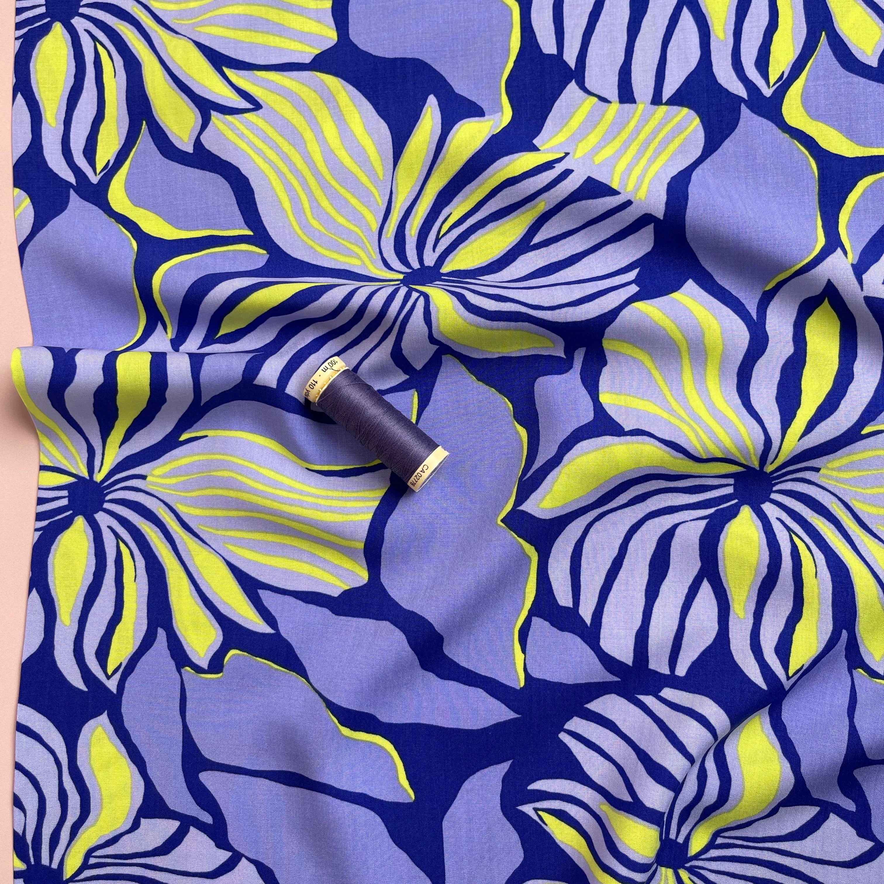 Bold Painted Flowers on Blue LENZING™ ECOVERO™ Viscose Fabric