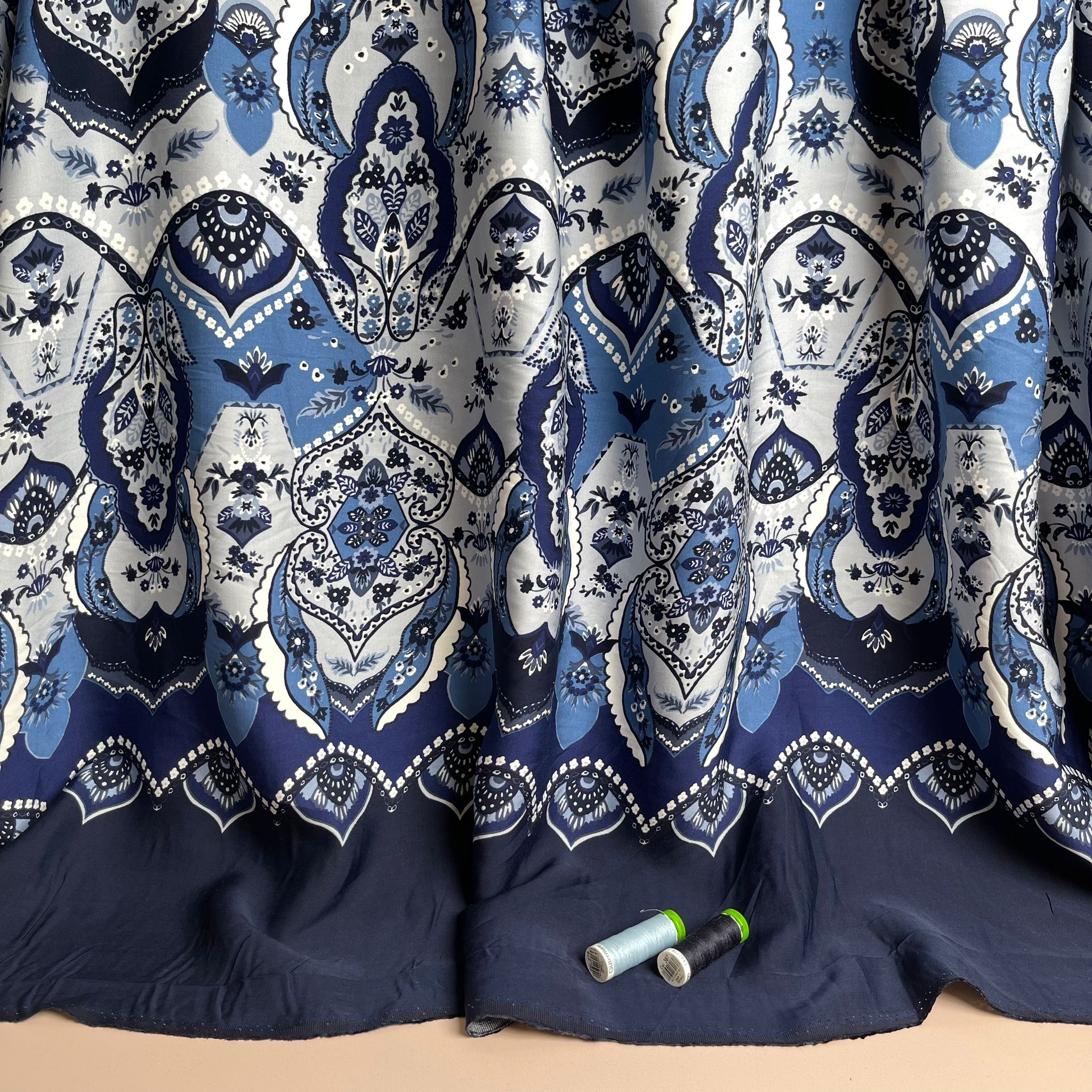 Floral Paisley Border Print in Blue on Navy Viscose Sateen Fabric