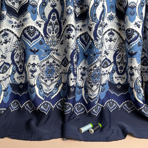Floral Paisley Border Print in Blue on Navy Viscose Sateen Fabric
