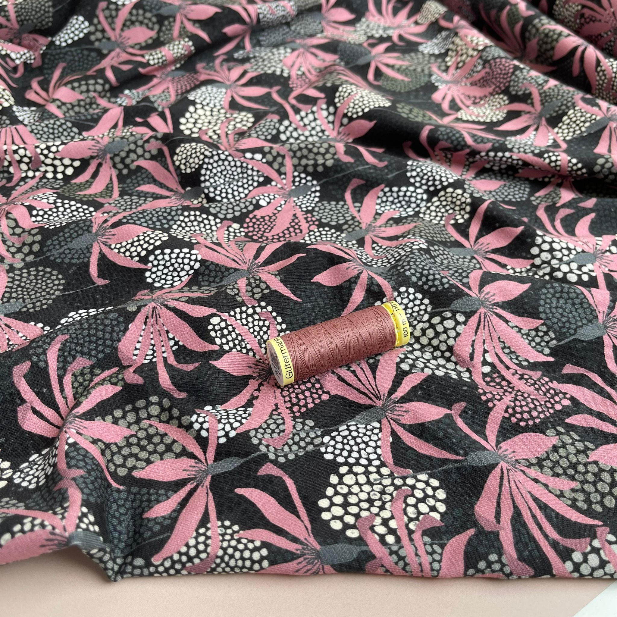 Danish Design - Pink Petals and Spots on Grey Cotton Jersey