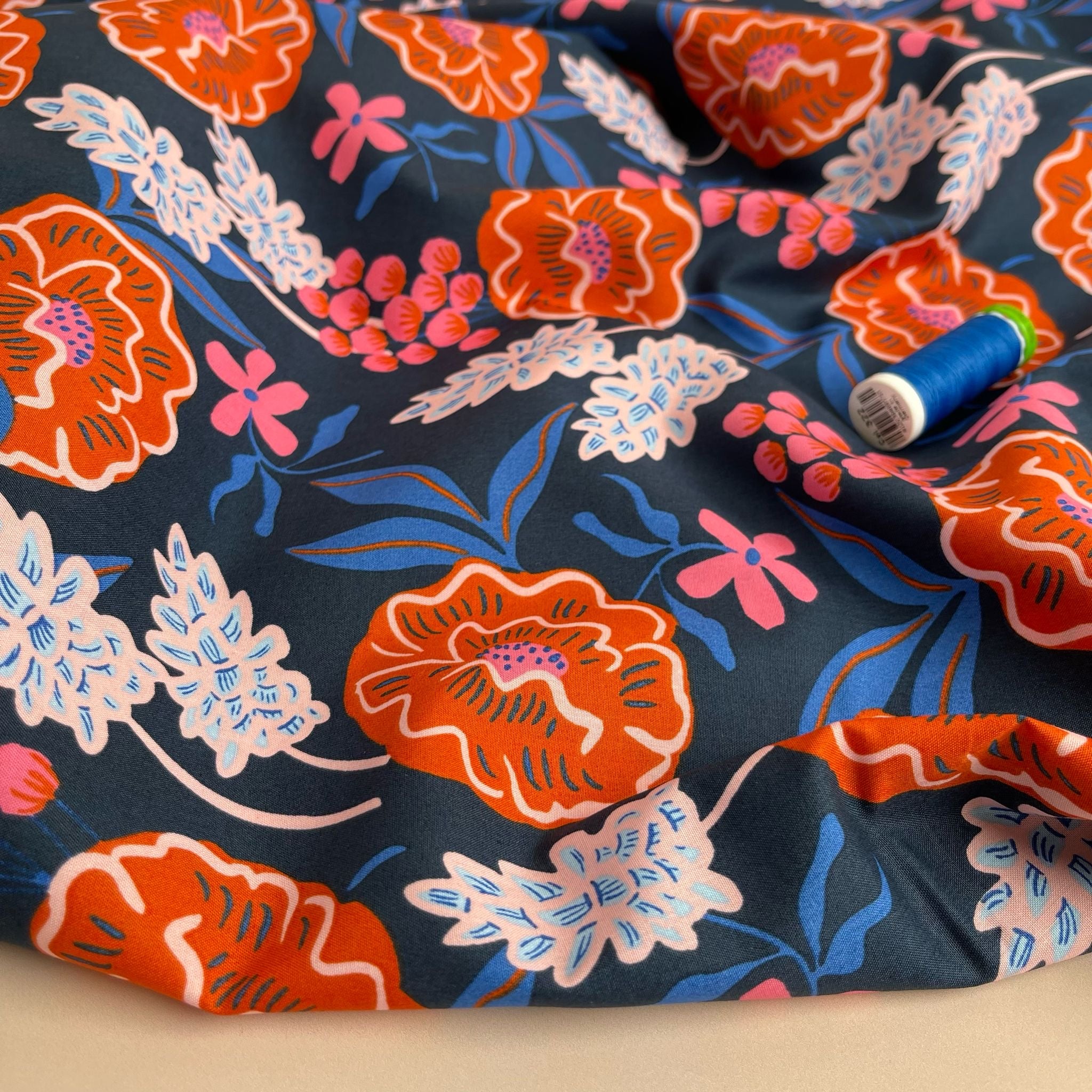 Nerida Hansen - Fresh Flowers on Navy Cotton Poplin Fabric