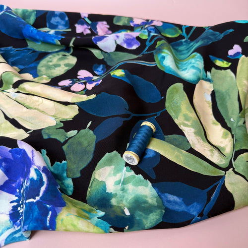 Winter Blooms with Petrol Viscose Poplin Fabric