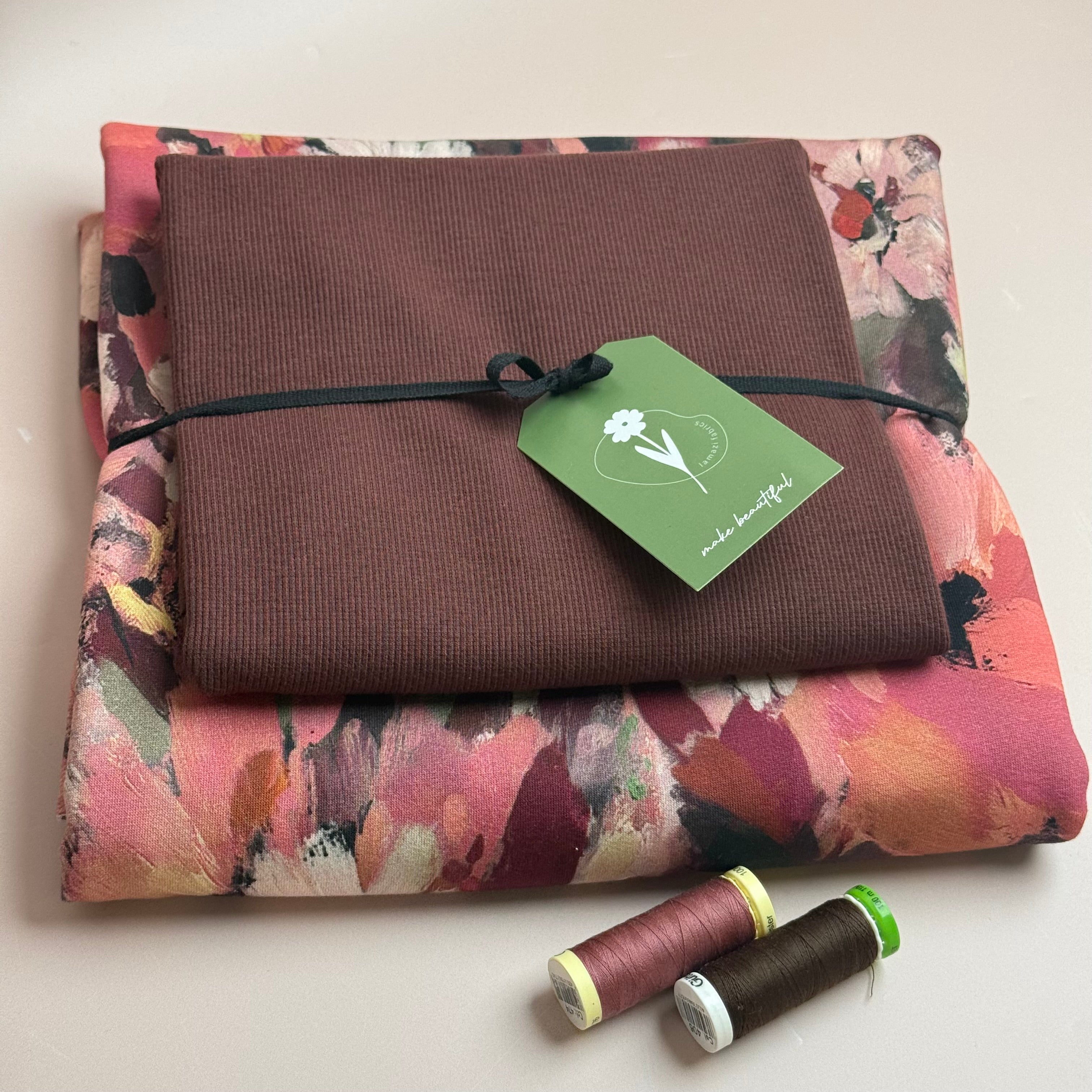 Colour Bundles - Painted Florals Burgundy Cotton French Terry & Matching Ribbing