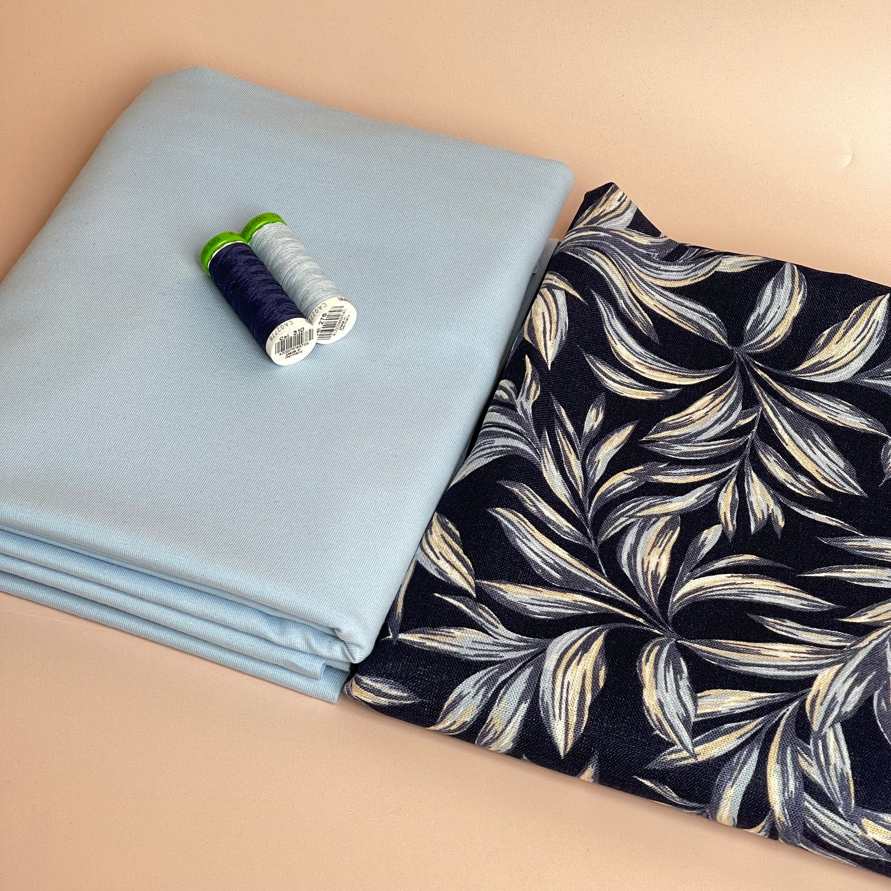 Leaves on Navy Washed Linen Viscose Blend Fabric