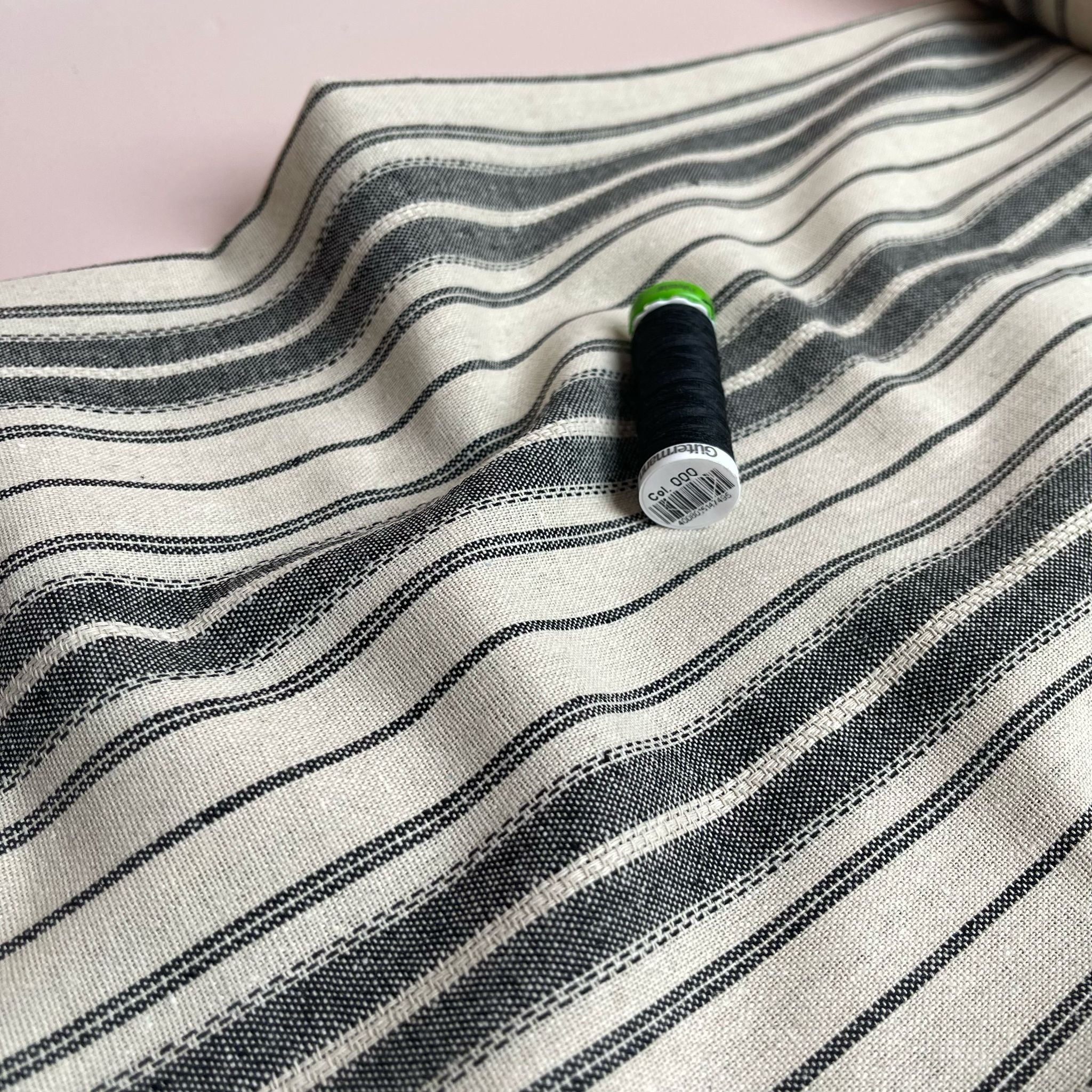 Yarn Dyed Natural and Melange Black Stripe Viscose Linen Jacquard Fabric