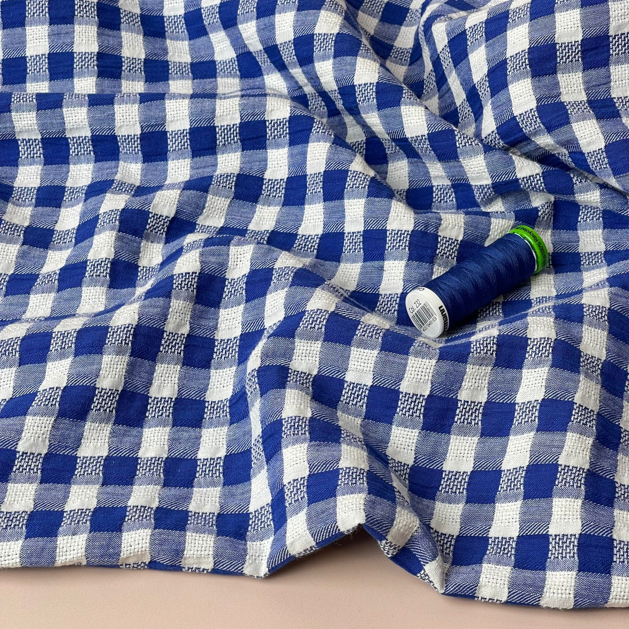 Blue Gingham Cotton Seersucker Fabric