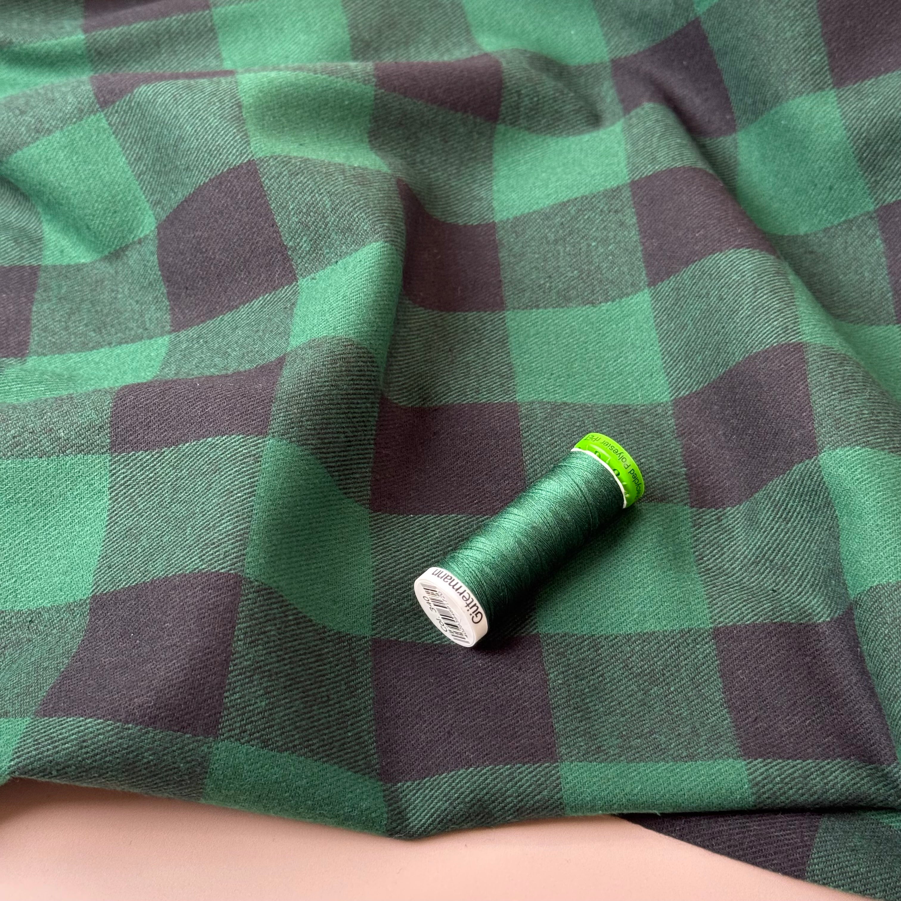 Gingham Black & Green Brushed Cotton Flannel