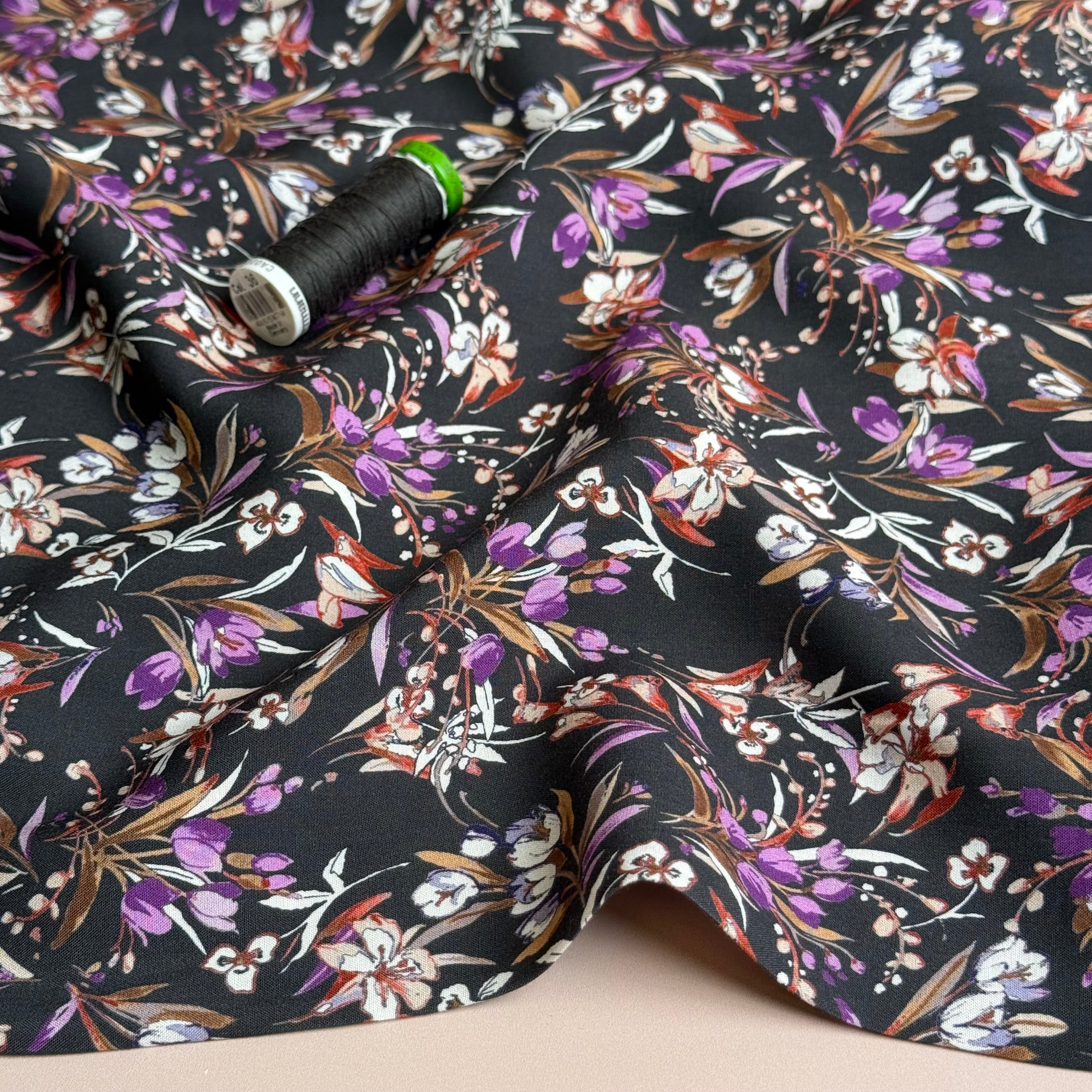 Purple Bouquet on Dark Grey Viscose Poplin Fabric