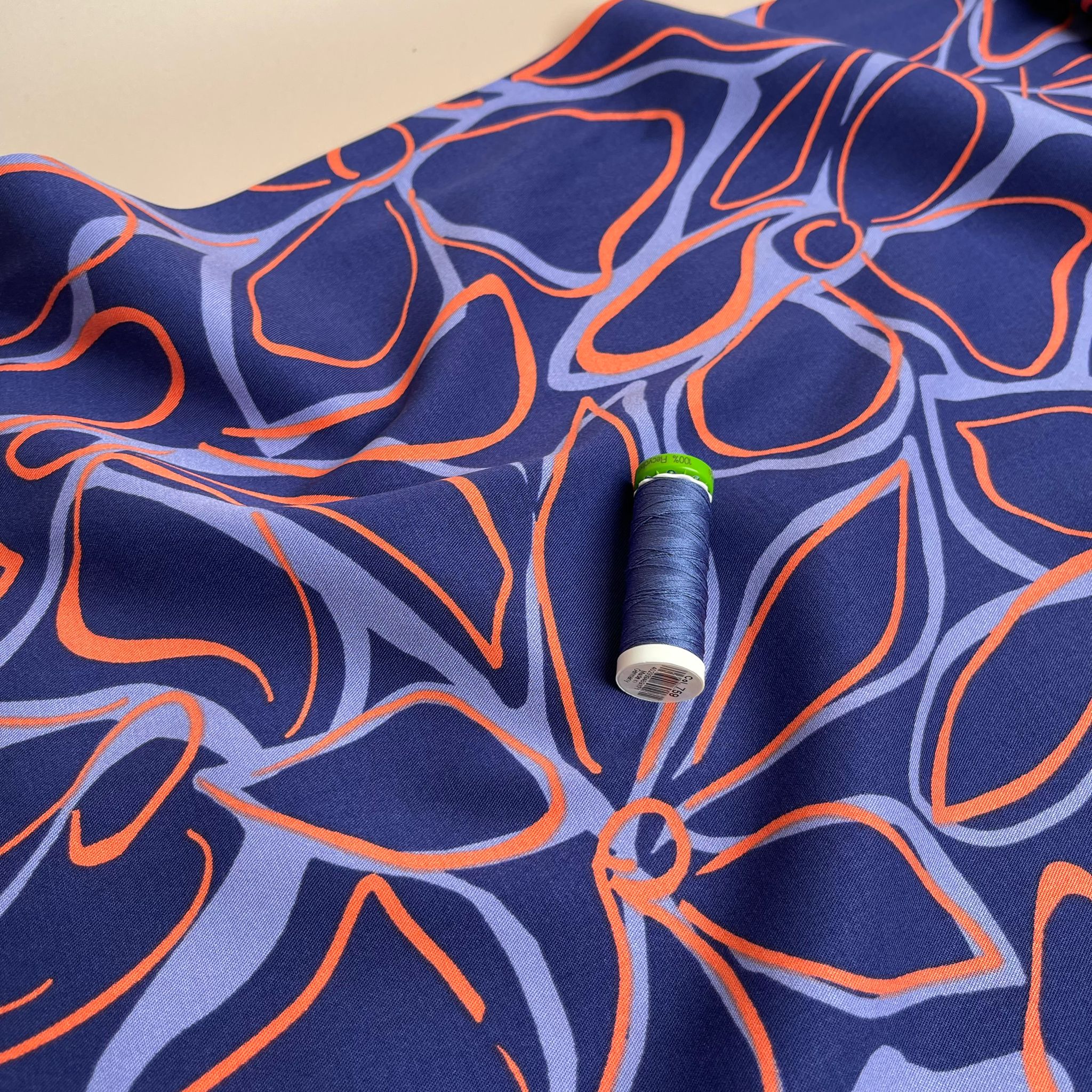 Rosella Line Flowers Navy Viscose Twill with Stretch