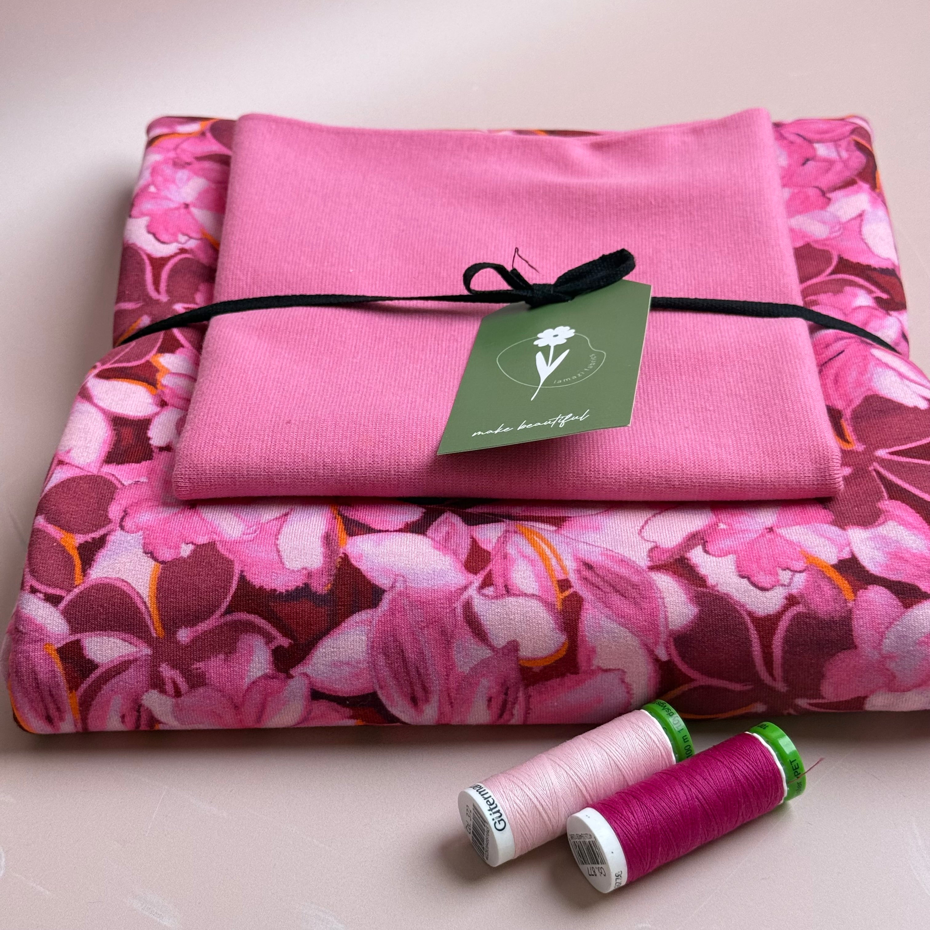 Colour Bundles - Painted Petals Red Cotton French Terry & Matching Ribbing