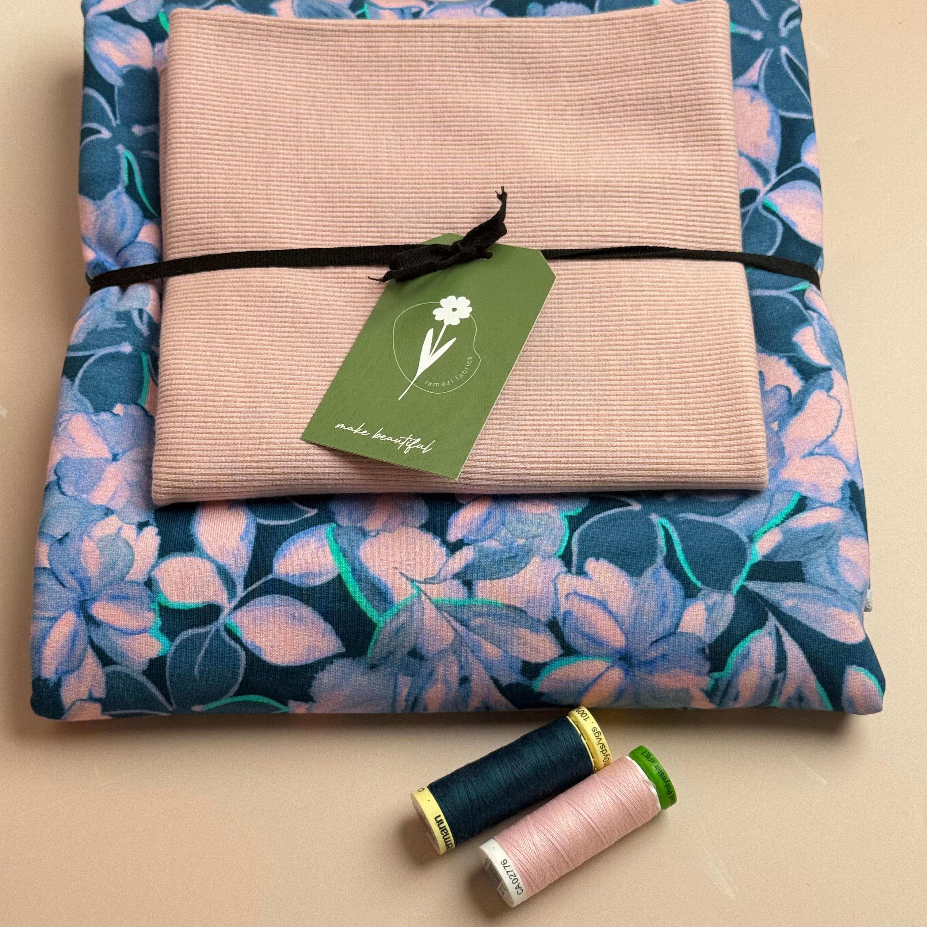 Colour Bundles - Painted Petals Petrol Cotton French Terry & Matching Ribbing