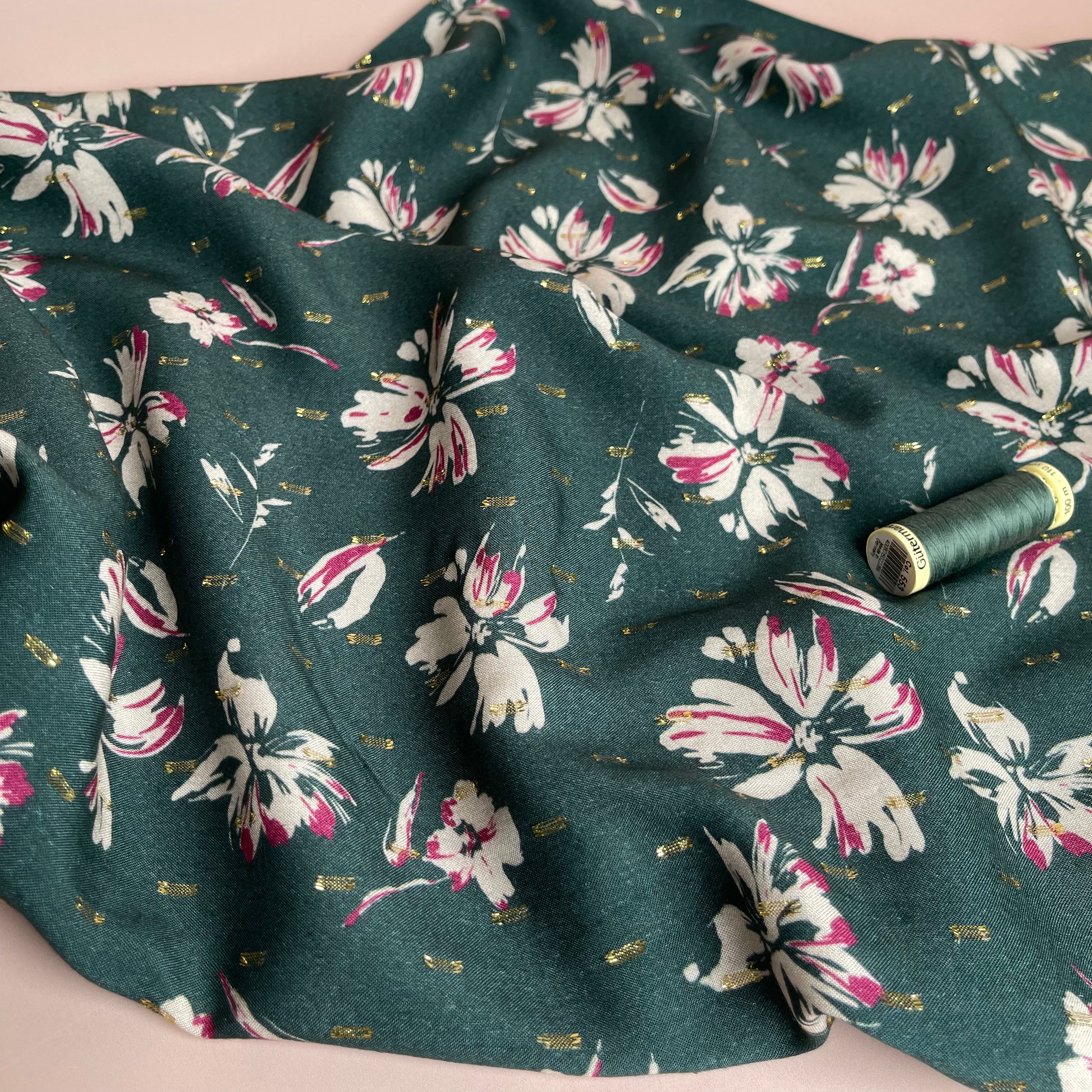 Flowers on Green with Lurex Viscose Fabric