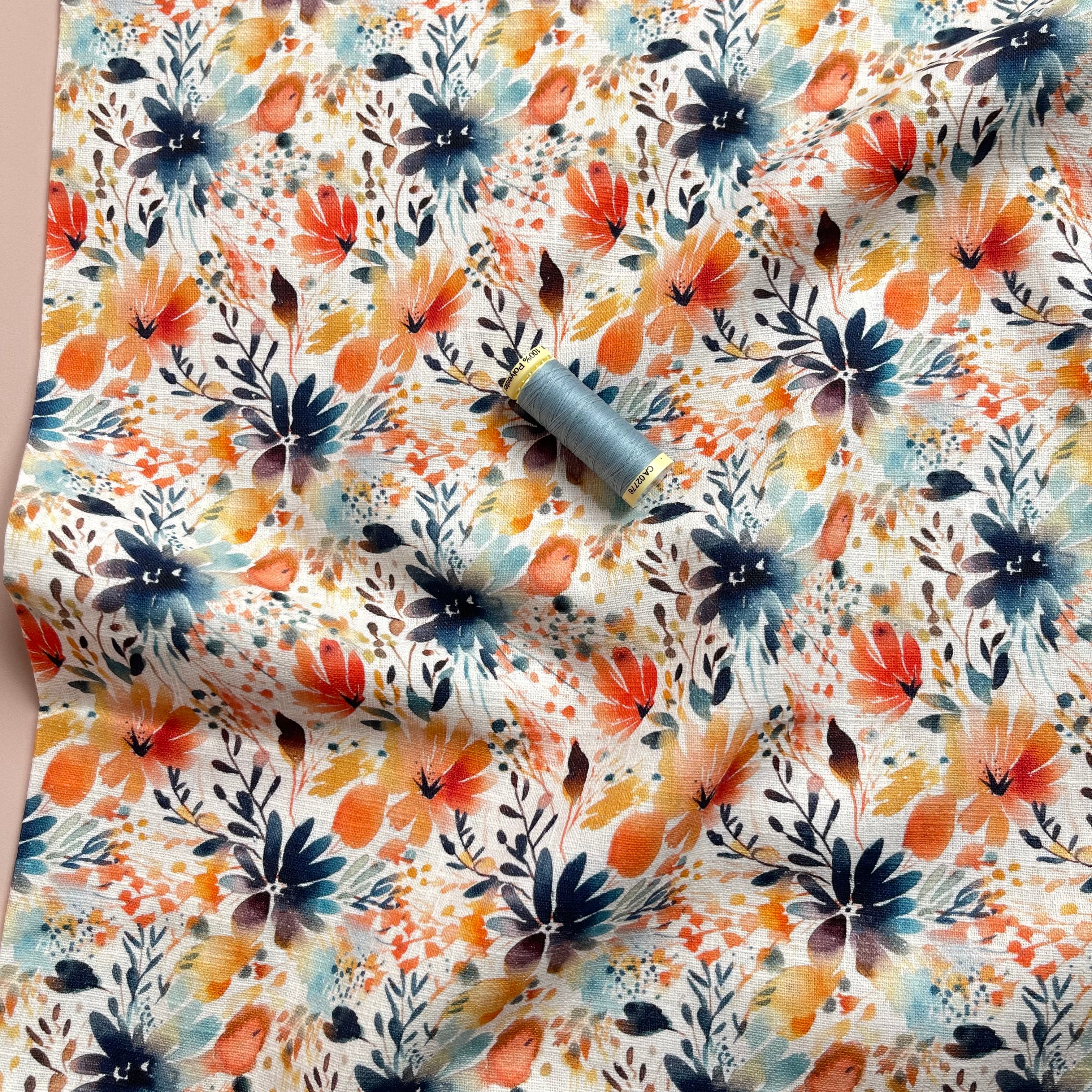 Orange Flowers Linen Cotton Blend Fabric