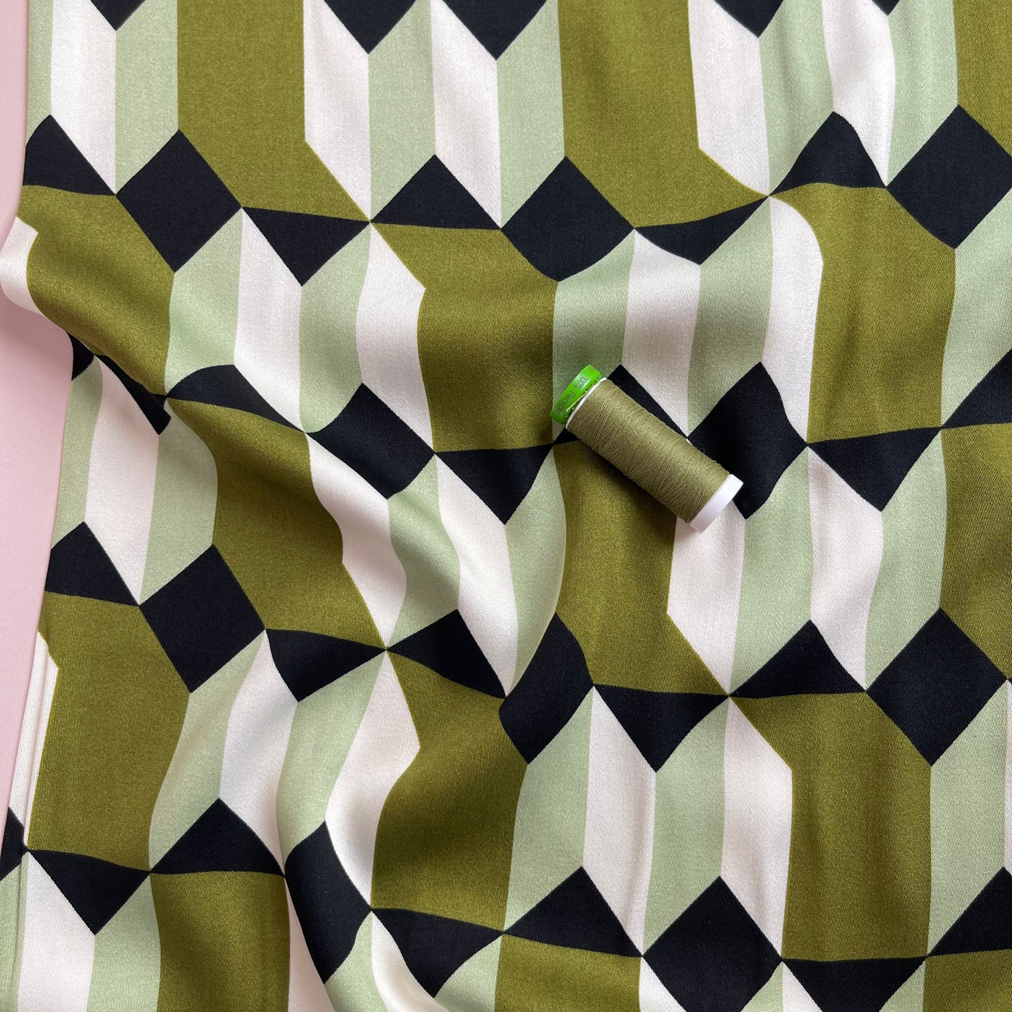 REMNANT 0.77 Metre - Abstract Shapes Olive Viscose Twill Sateen Fabric