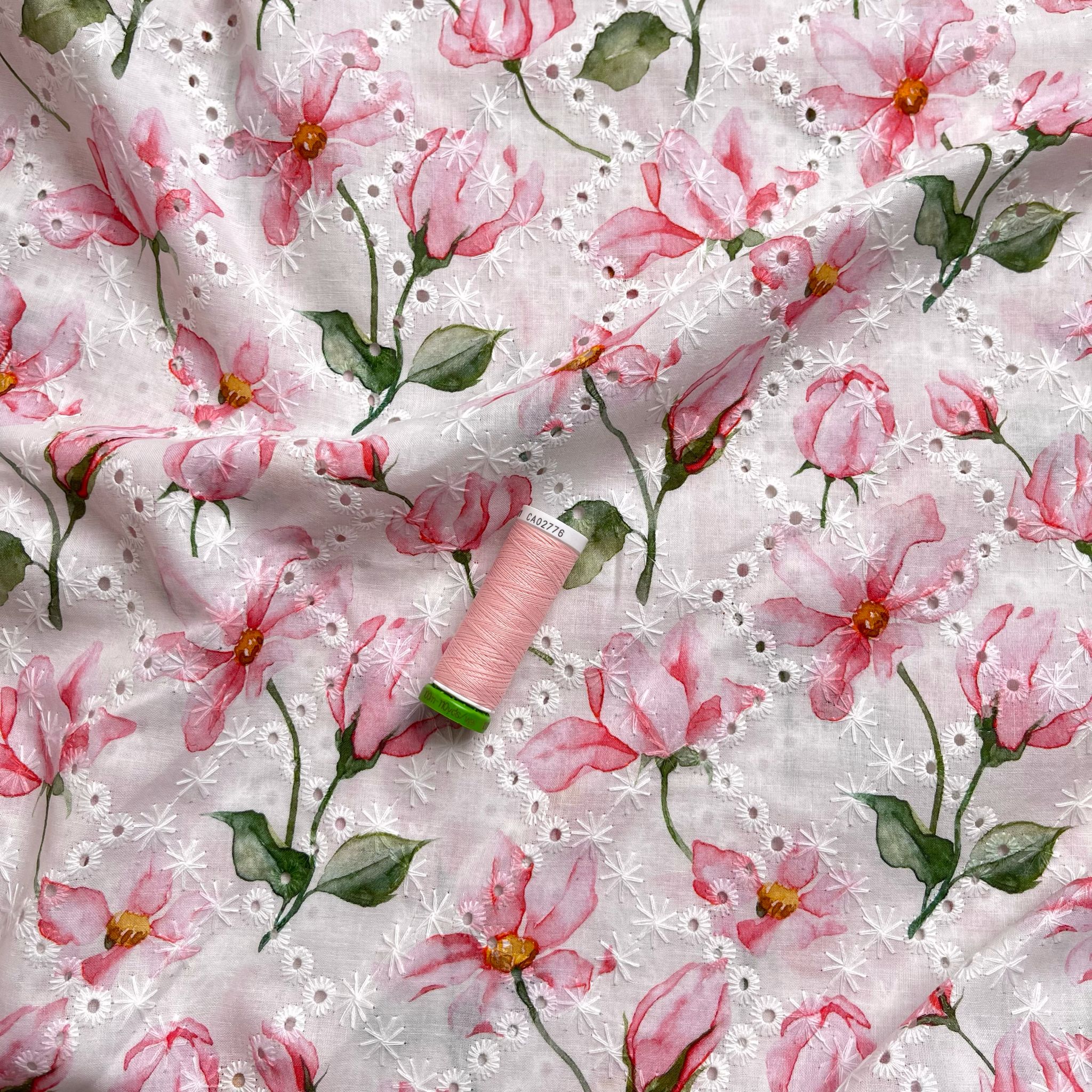 Pink Painted Flowers Cotton Broderie Anglaise