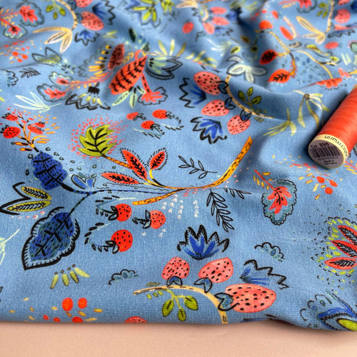 Delicate Paisley Flowers on Blue Cotton Jersey Fabric