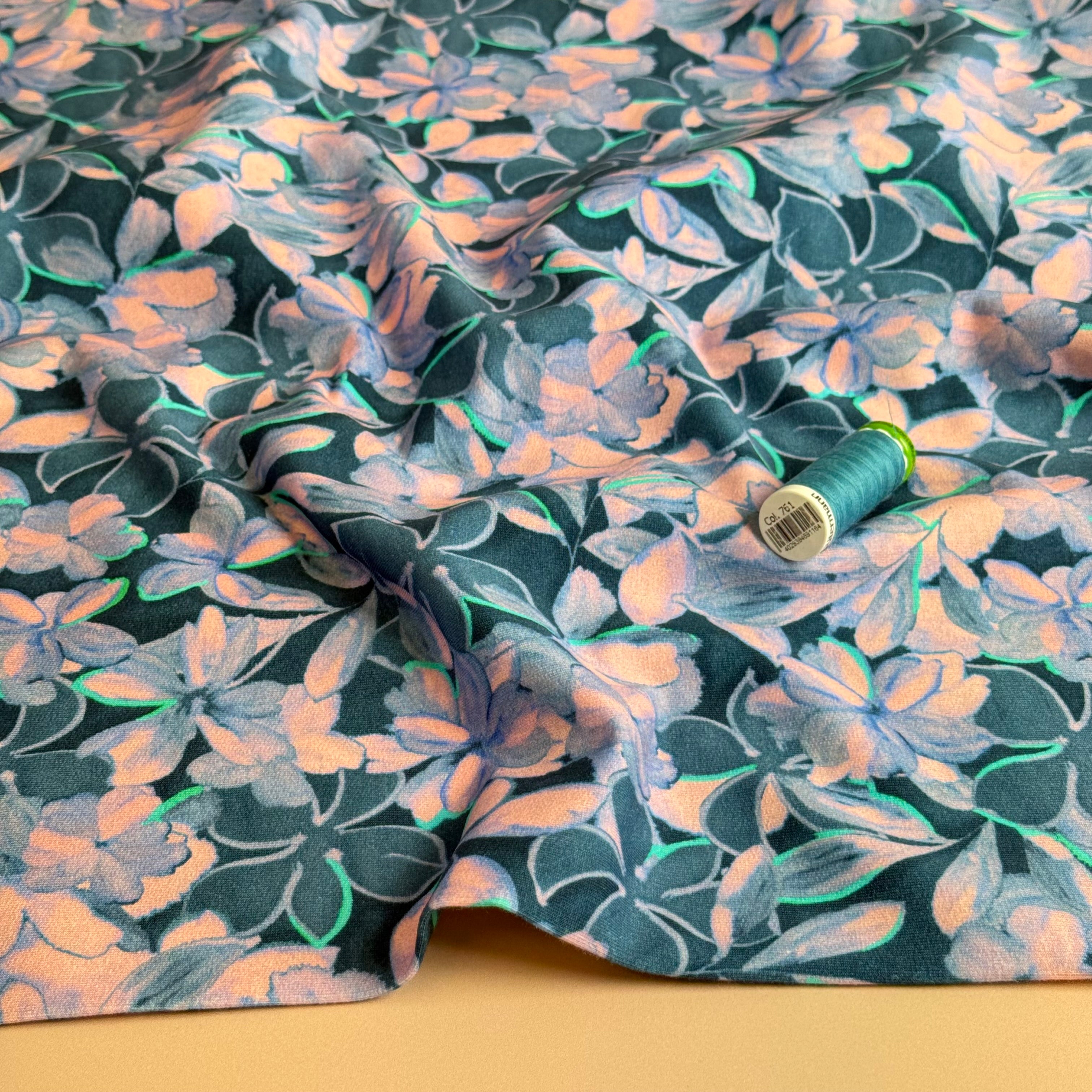 Painted Petals Petrol Cotton French Terry Fabric