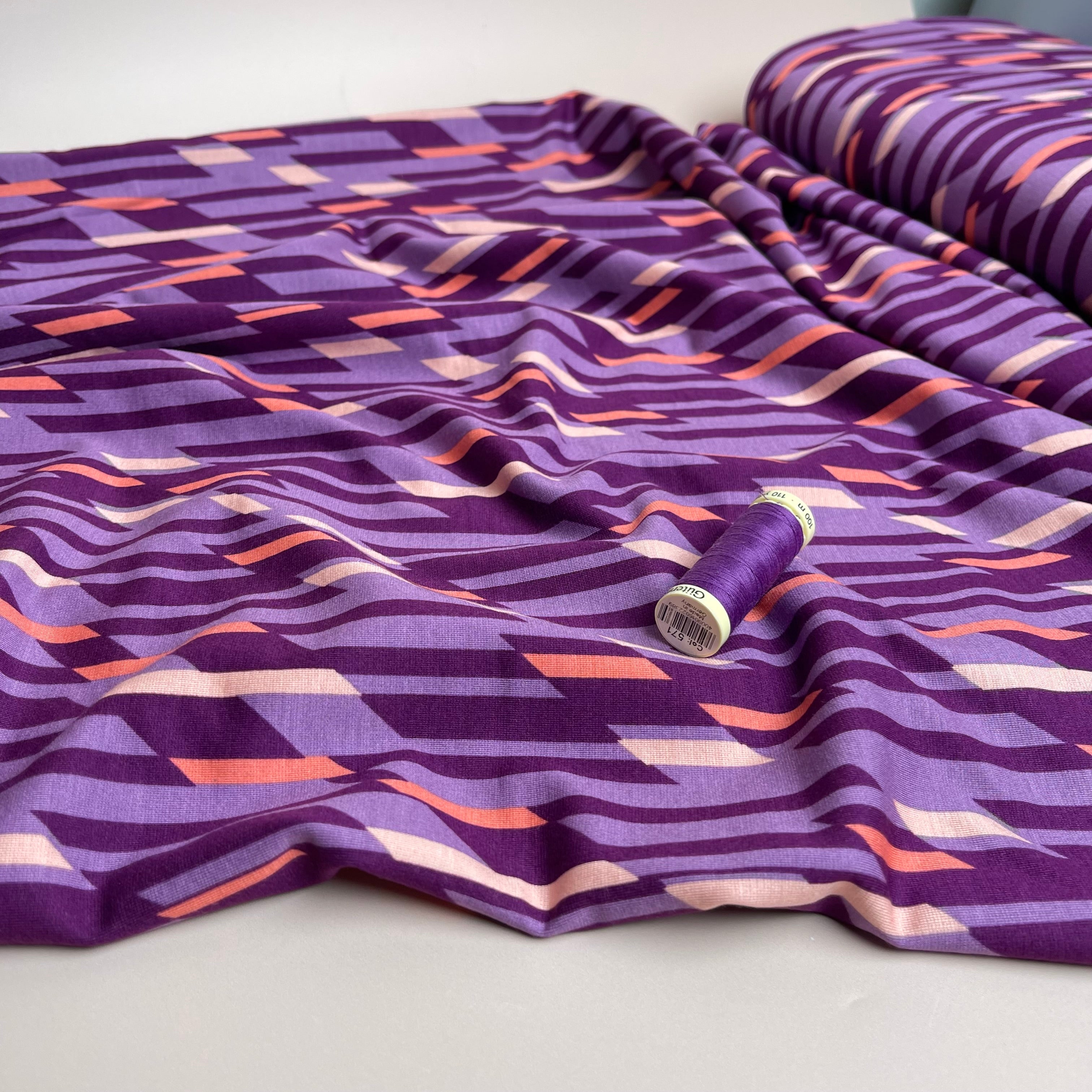 Abstract Lines Purple Viscose Ponte Roma Double Knit Fabric