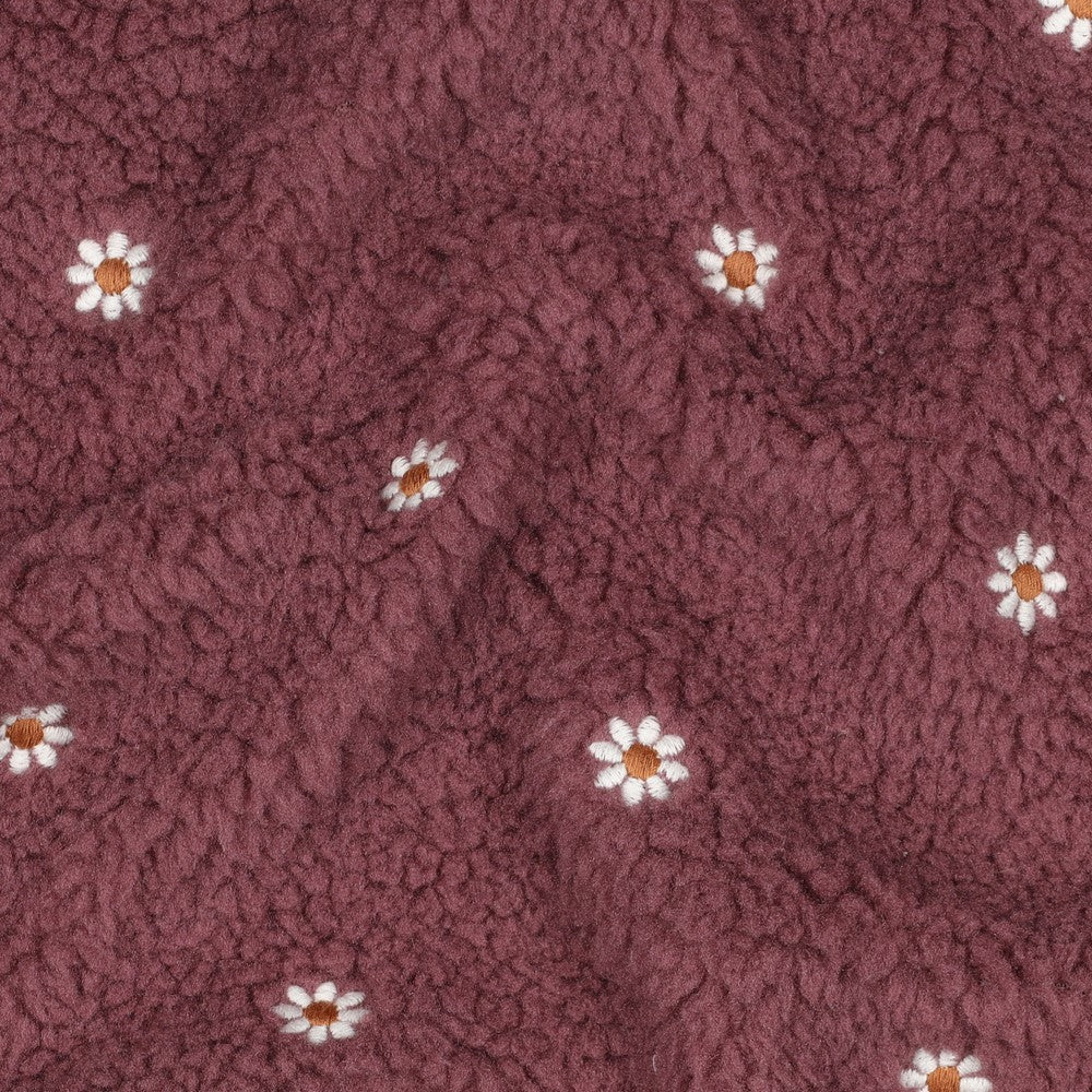 Embroidered Daisies on Rosewood Teddy Fabric