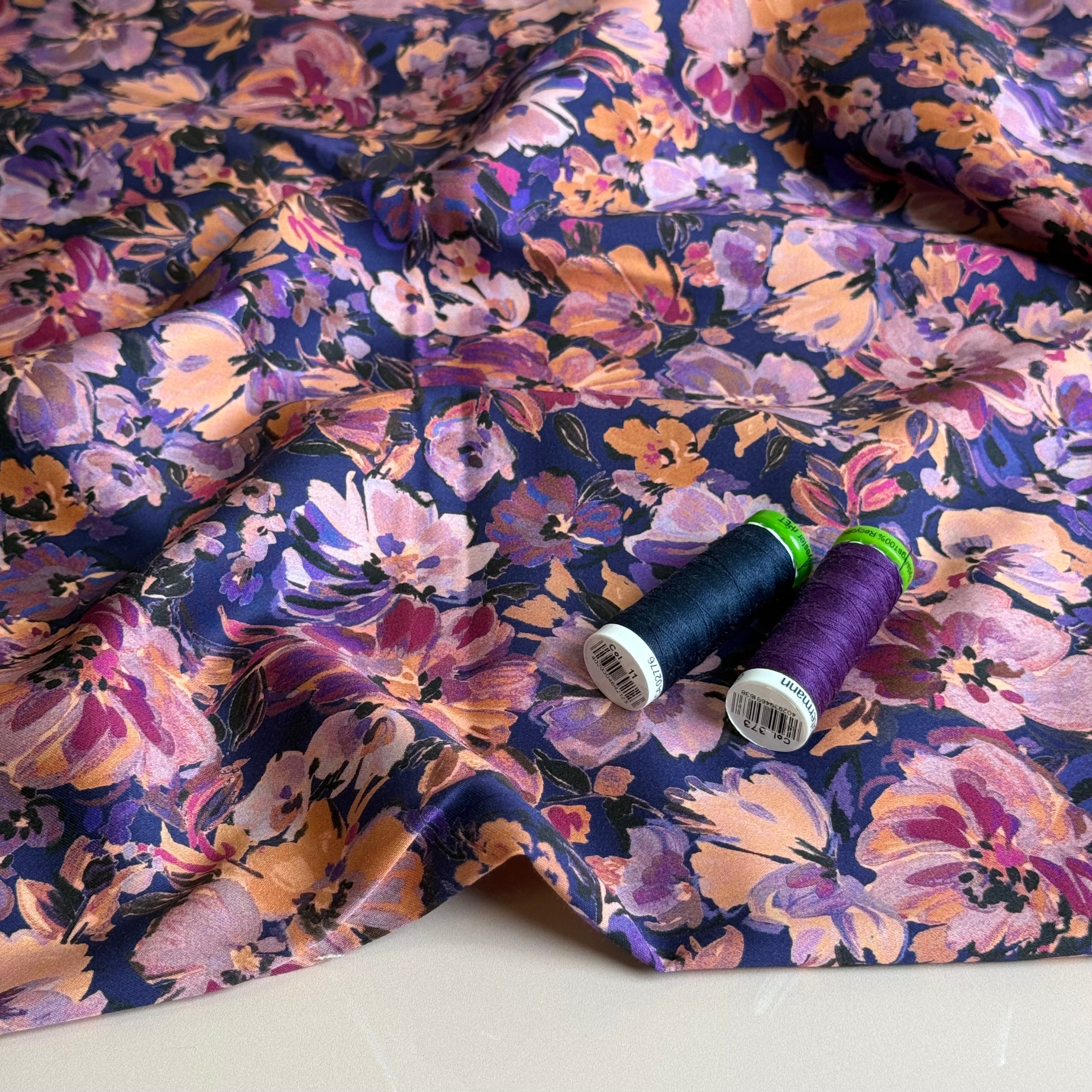 Painted Purple Flowers Cotton Sateen Fabric