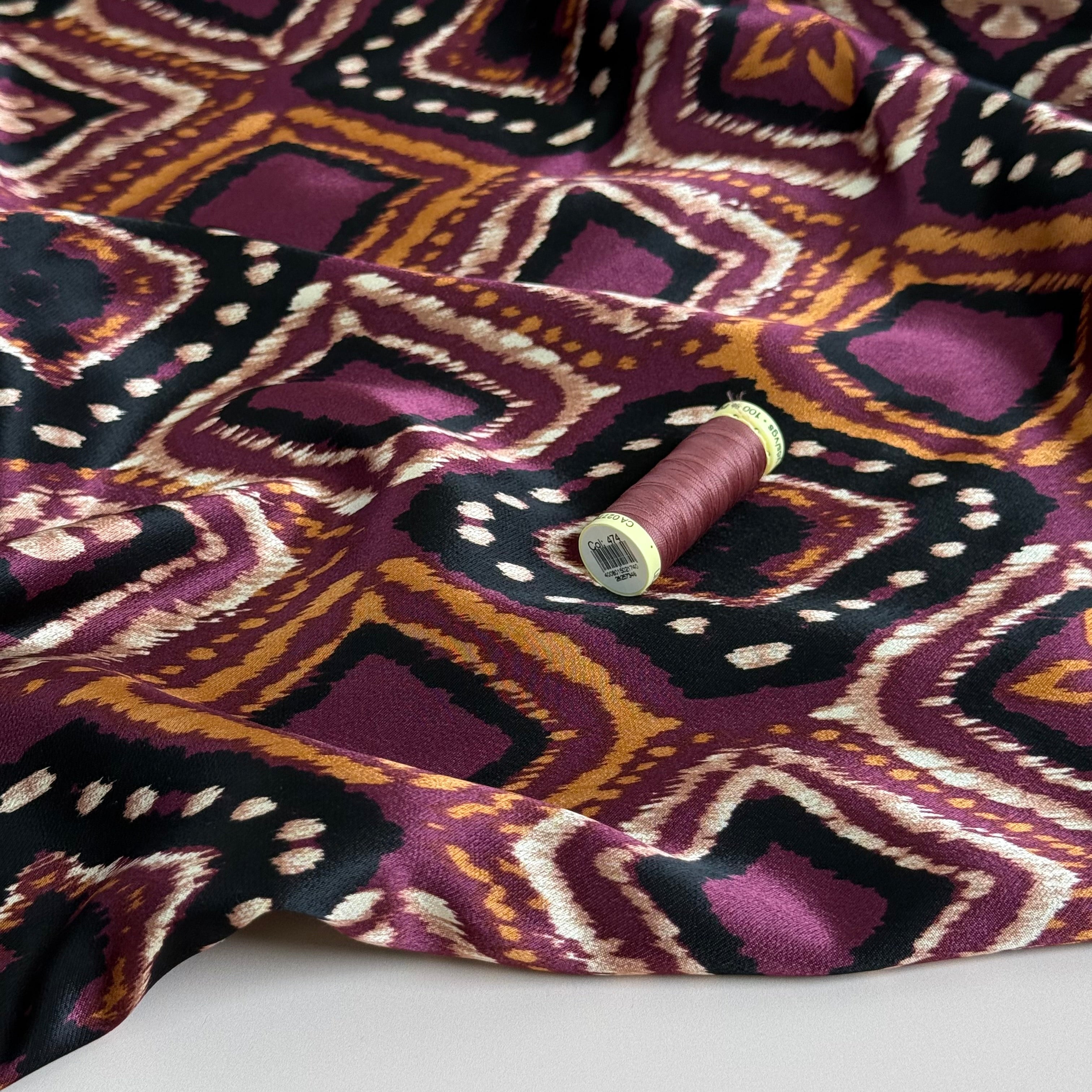 Retro Shapes Wine Spun Viscose Sateen Fabric