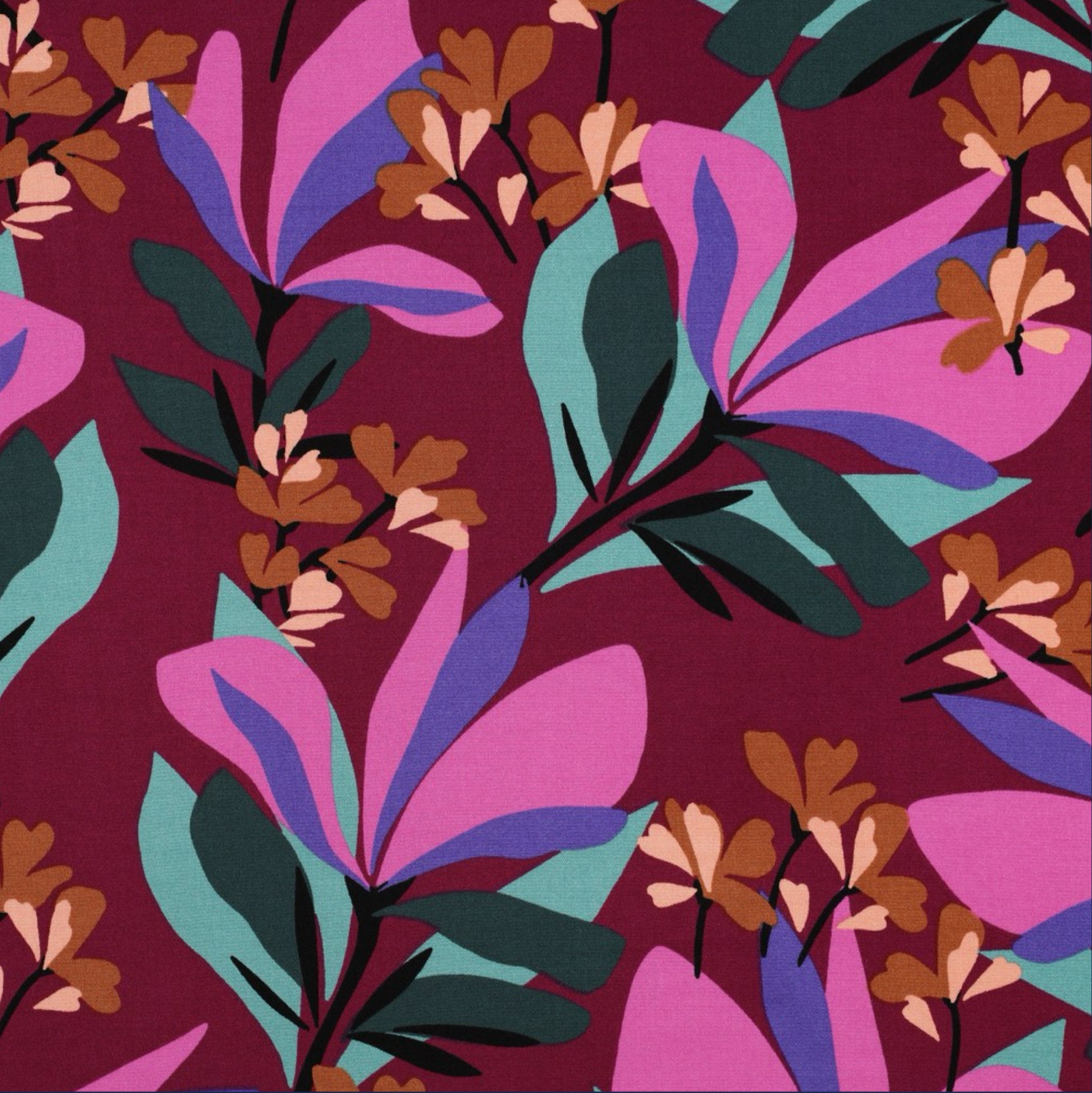 Nerida Hansen - Rosella Spring Garden on Plum Stretch Viscose Twill Fabric