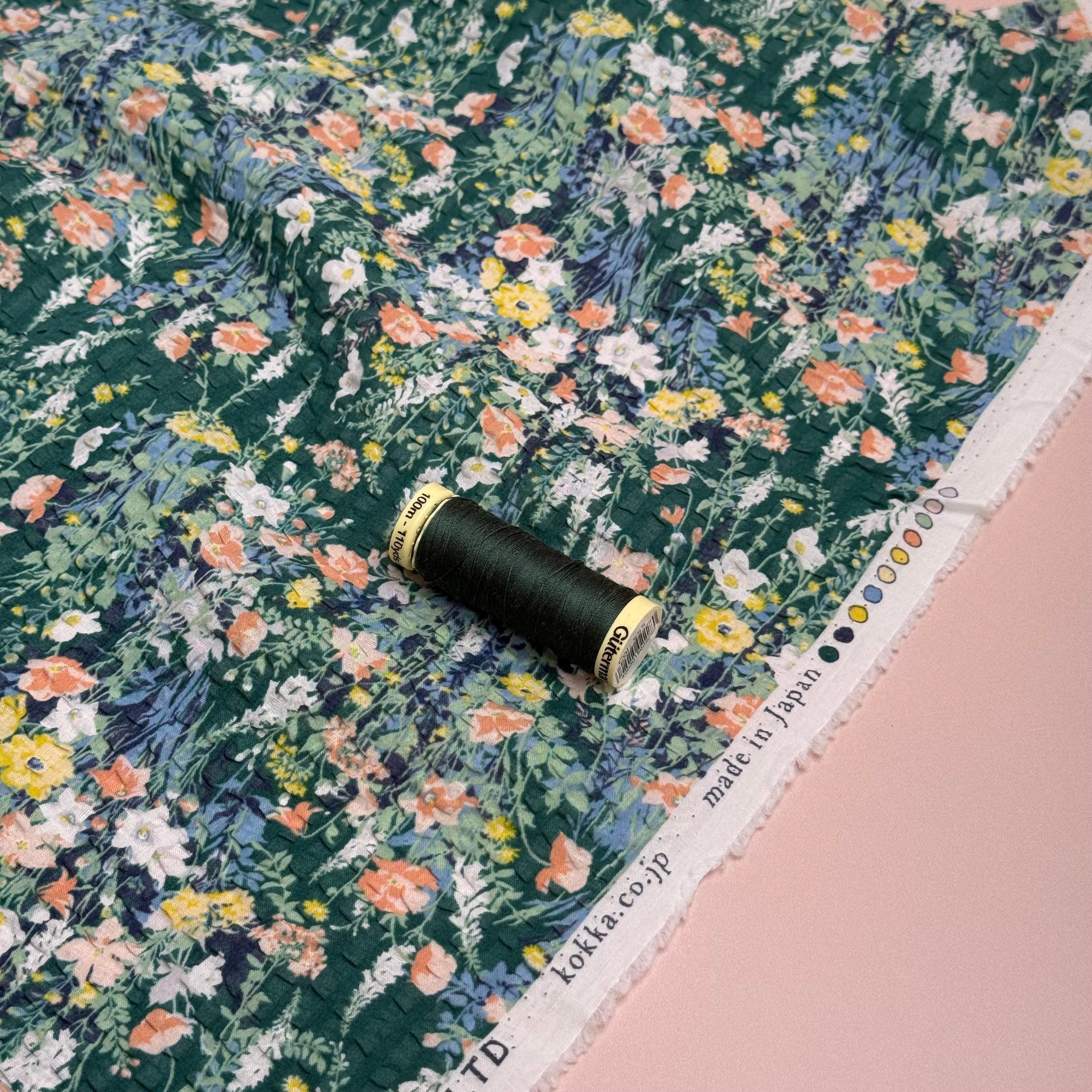 Kokka - Dainty Floral in Green Japanese Cotton Seersucker